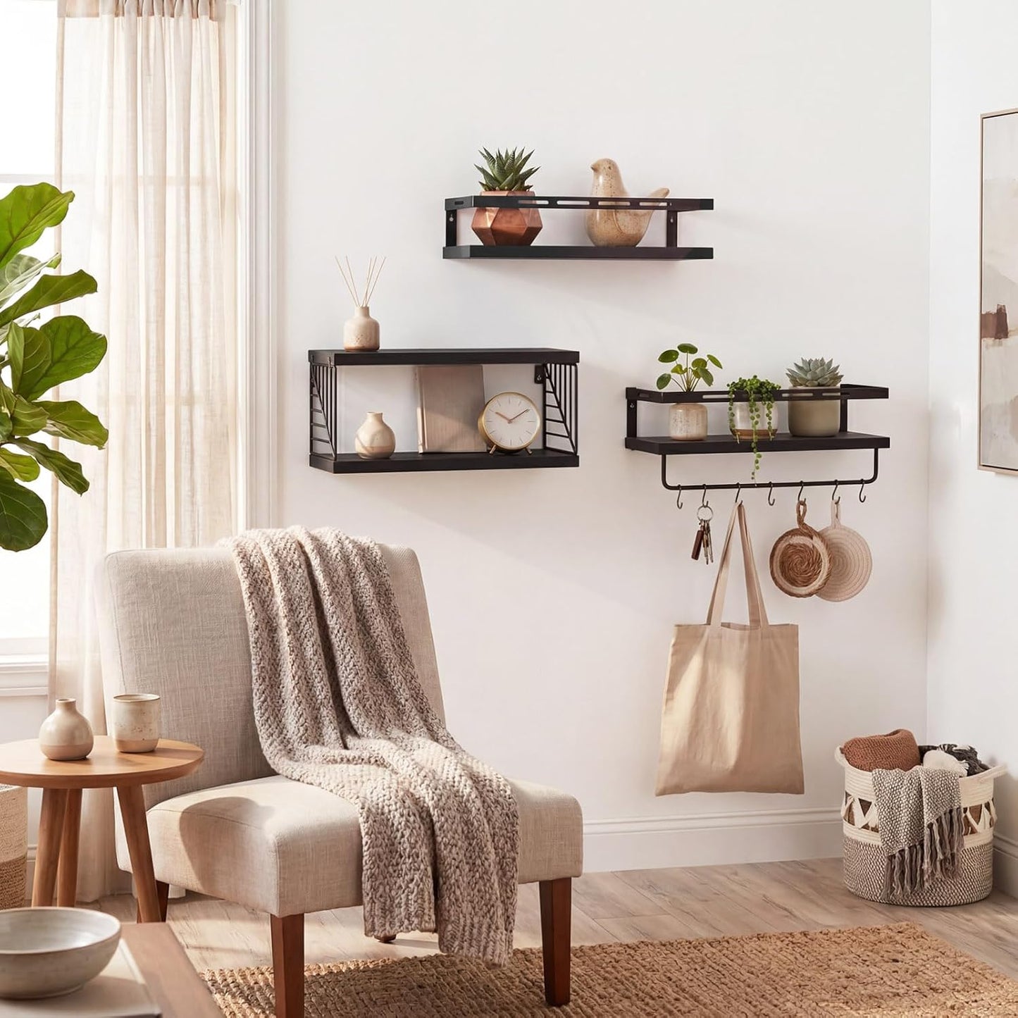 Fixwal Wall Mounted Bathroom Shelves Over Toilet (3+1 Black) | Wall Shelf with Basket Storage , Towel Bar, Solid Wood