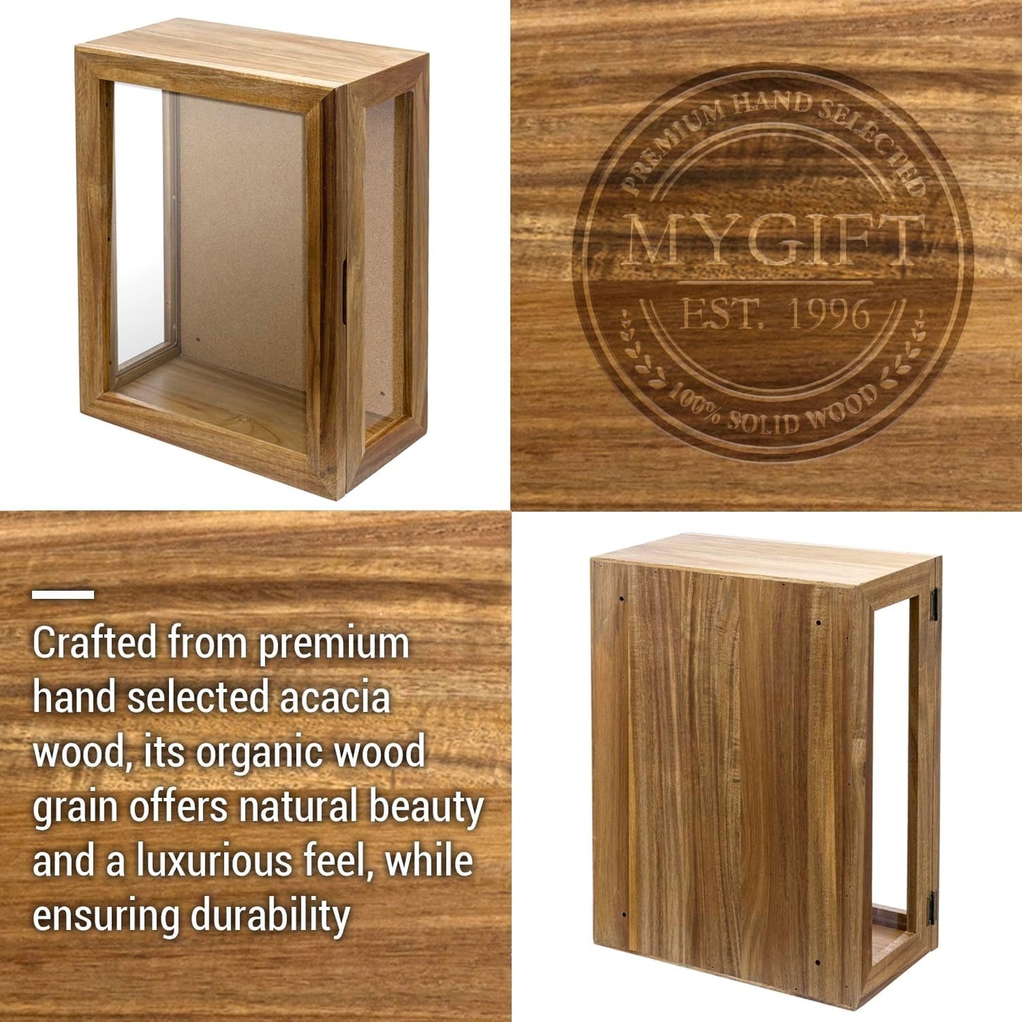 MyGift 11 x 15 Inch Wall Mounted Acacia Solid Wood Deep Shadow Box | Cork Back, Premium Clear Acrylic Viewing Panels