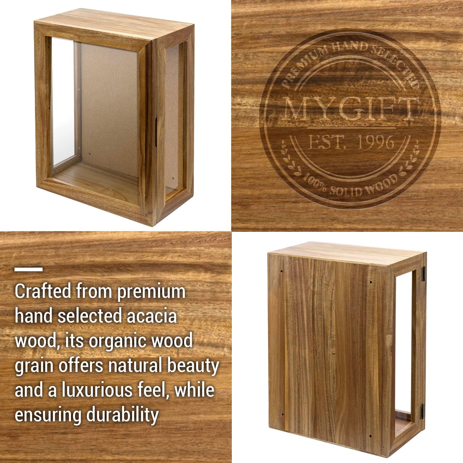 MyGift 11 x 15 Inch Wall Mounted Acacia Solid Wood Deep Shadow Box | Cork Back, Premium Clear Acrylic Viewing Panels