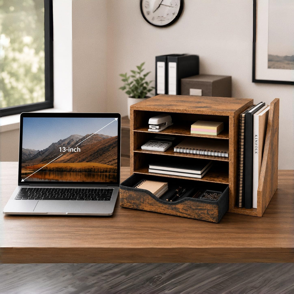 Wooden Desk Organizer with Drawers, Office Paper Mail and Organizer Wood | Four adjustable shelves and a 12-inch drawer