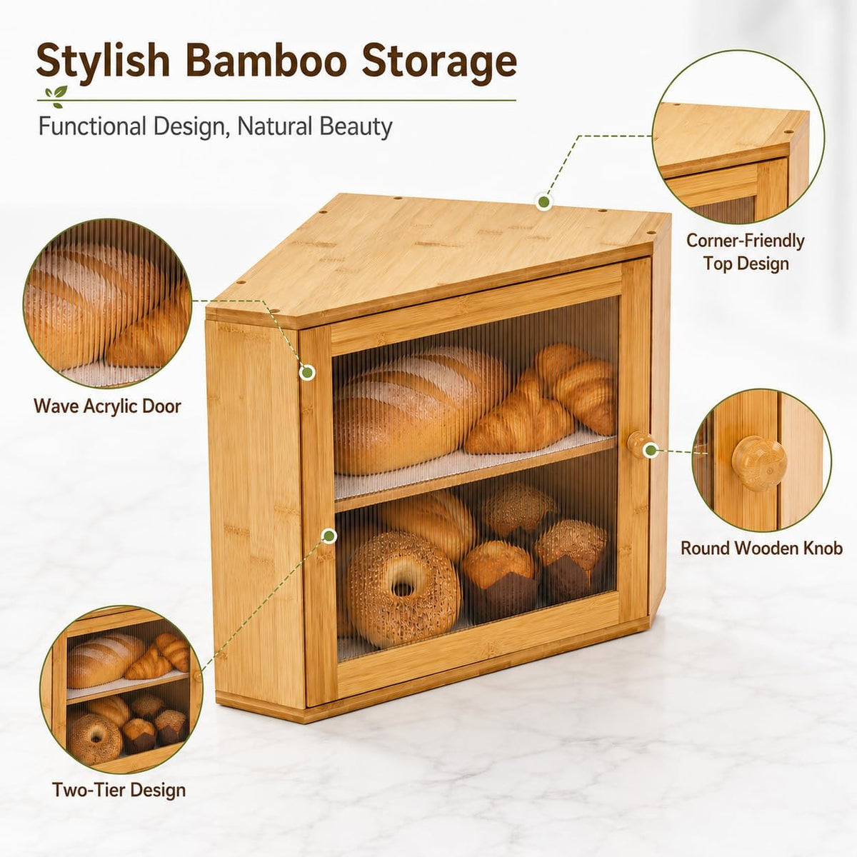BAMBANG Corner Bread Box for Kitchen Countertop, Large Capacity Bamboo Wood Bread Storage Container, 2 Tier Farmhouse
