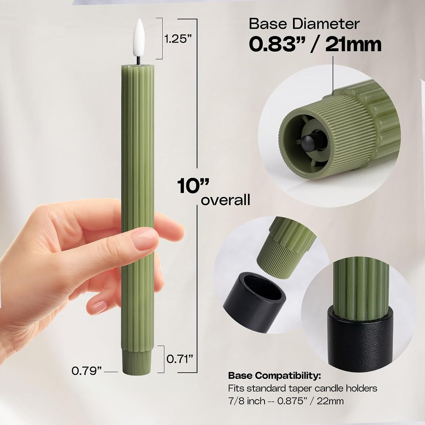 10" Fluted Ribbed LED Sage Olive Loden Green Grooved Real Wax Taper Candles, Remote & 24h Timer Memory, On/Off Switch