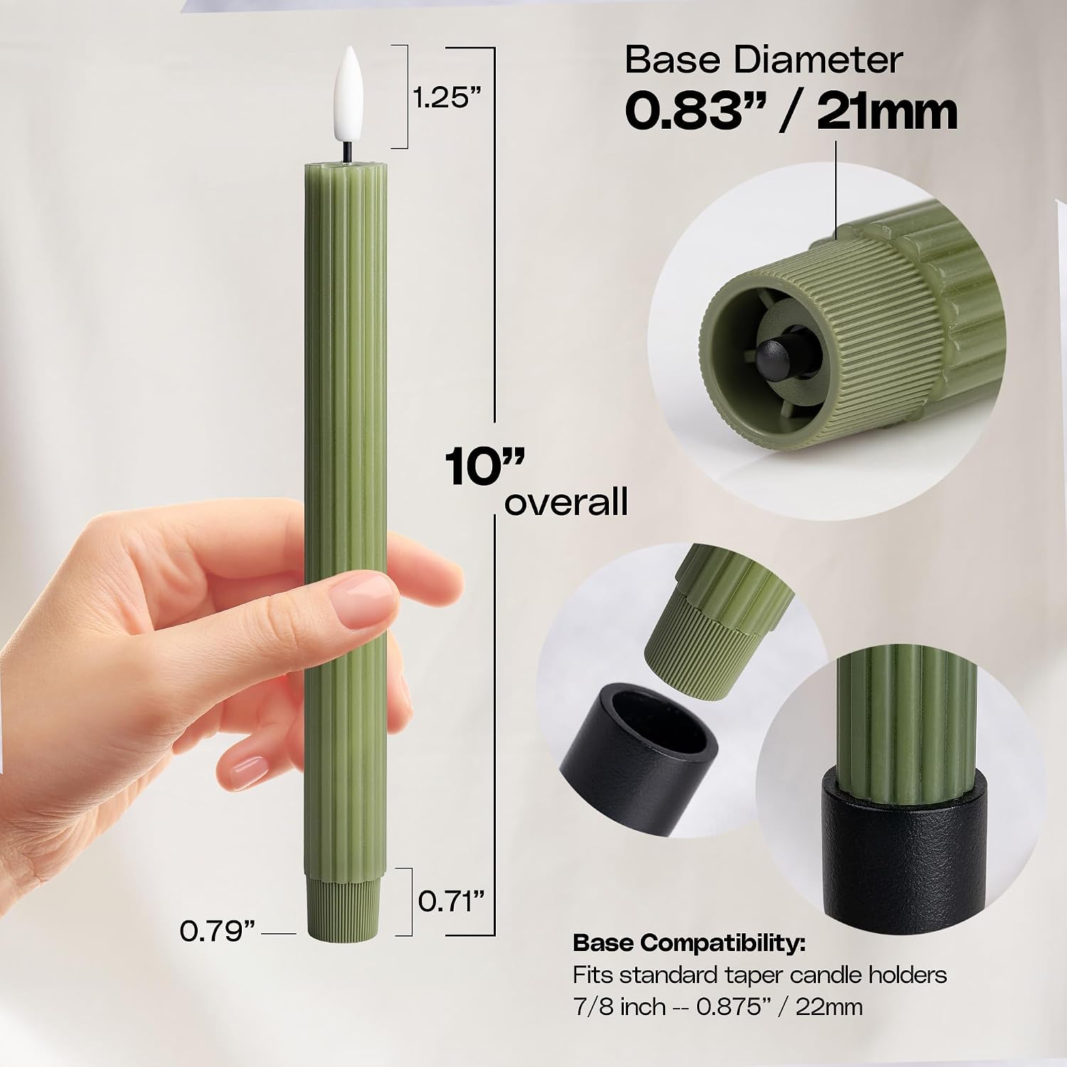 10" Fluted Ribbed LED Sage Olive Loden Green Grooved Real Wax Taper Candles, Remote & 24h Timer Memory, On/Off Switch