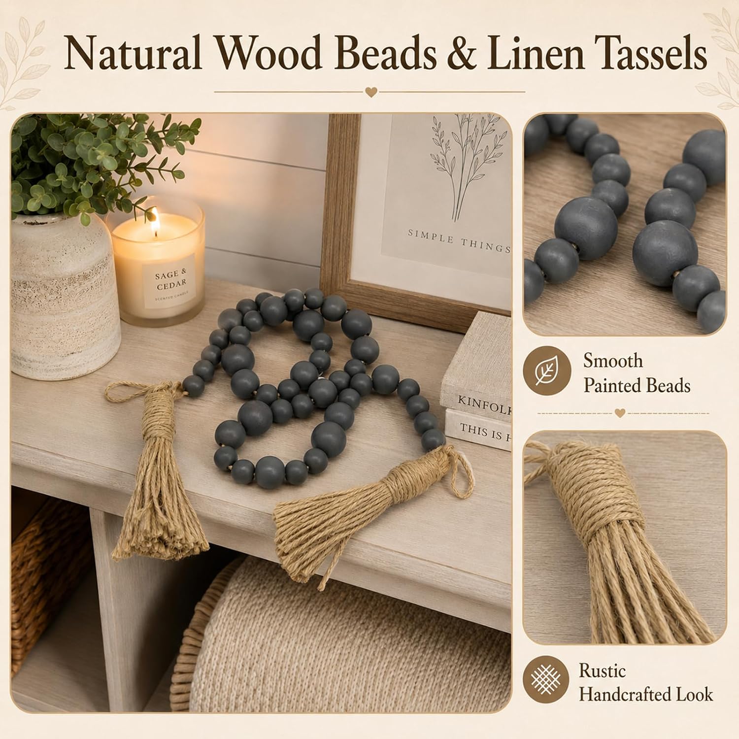 Gray Wood Bead Garland / Grey / 49.6 Inch