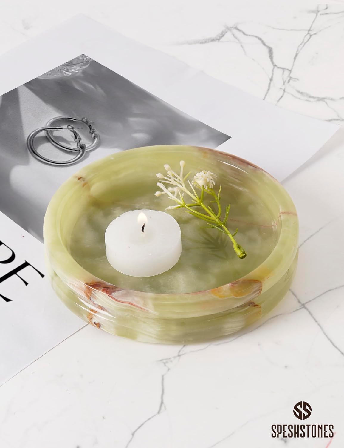 Key Tray / Candle & Trinket Dish / Green Onyx / 5 Inch