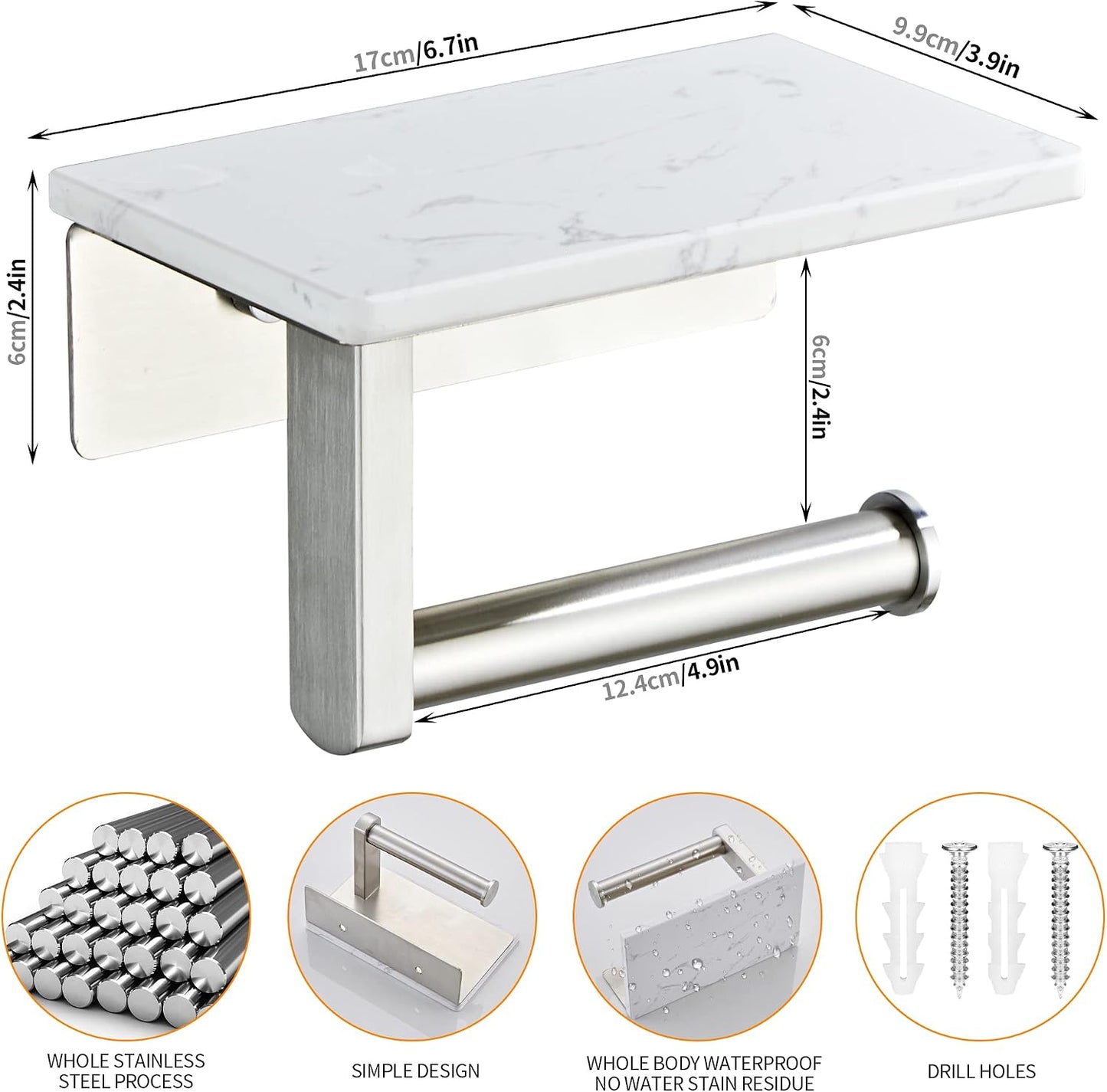 Brushed Nickel Toilet Paper Holder with Marble-Look Shelf, Wall Mounted SUS304 Stainless Steel Toilet Roll Holder with