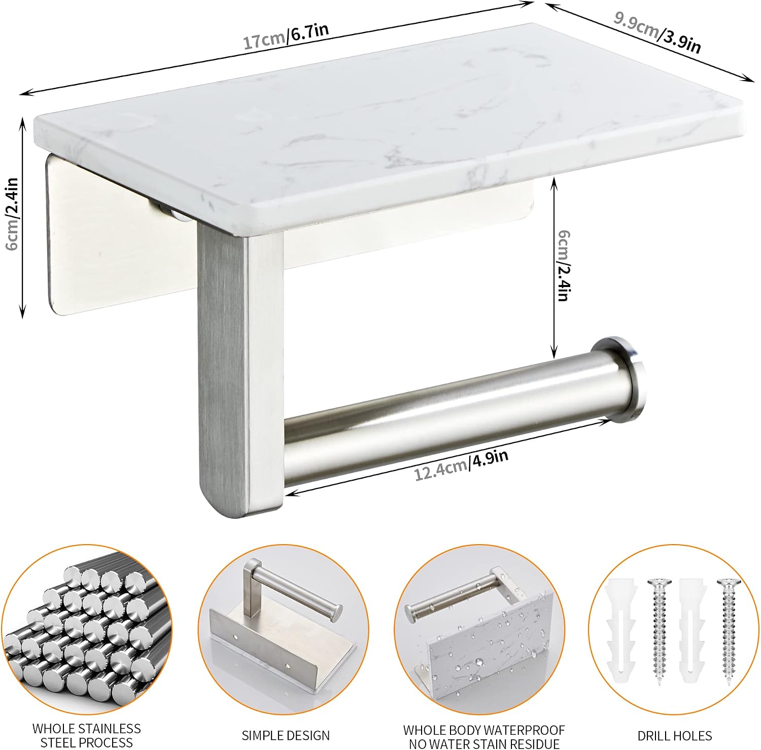 Brushed Nickel Toilet Paper Holder with Marble-Look Shelf, Wall Mounted SUS304 Stainless Steel Toilet Roll Holder with