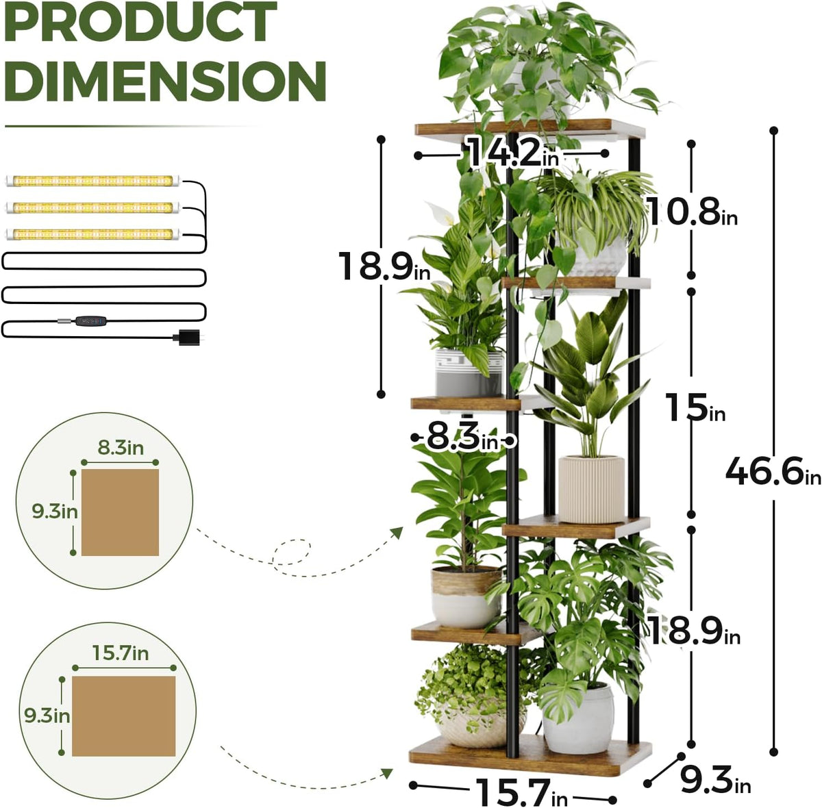 Bamworld Plant Shelf with Grow Light for Indoor Plants Corner 6 Tier | Metal Plant Stand Wood Flower Stand for Home