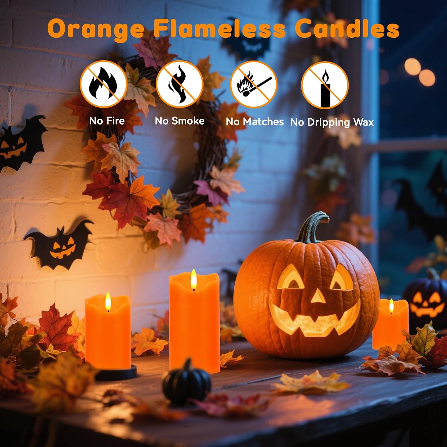 Orange Flameless Candles Set of 3, Fall Pillar Candles with Remote & Timer | Flickering Real Wax LED Candles Battery