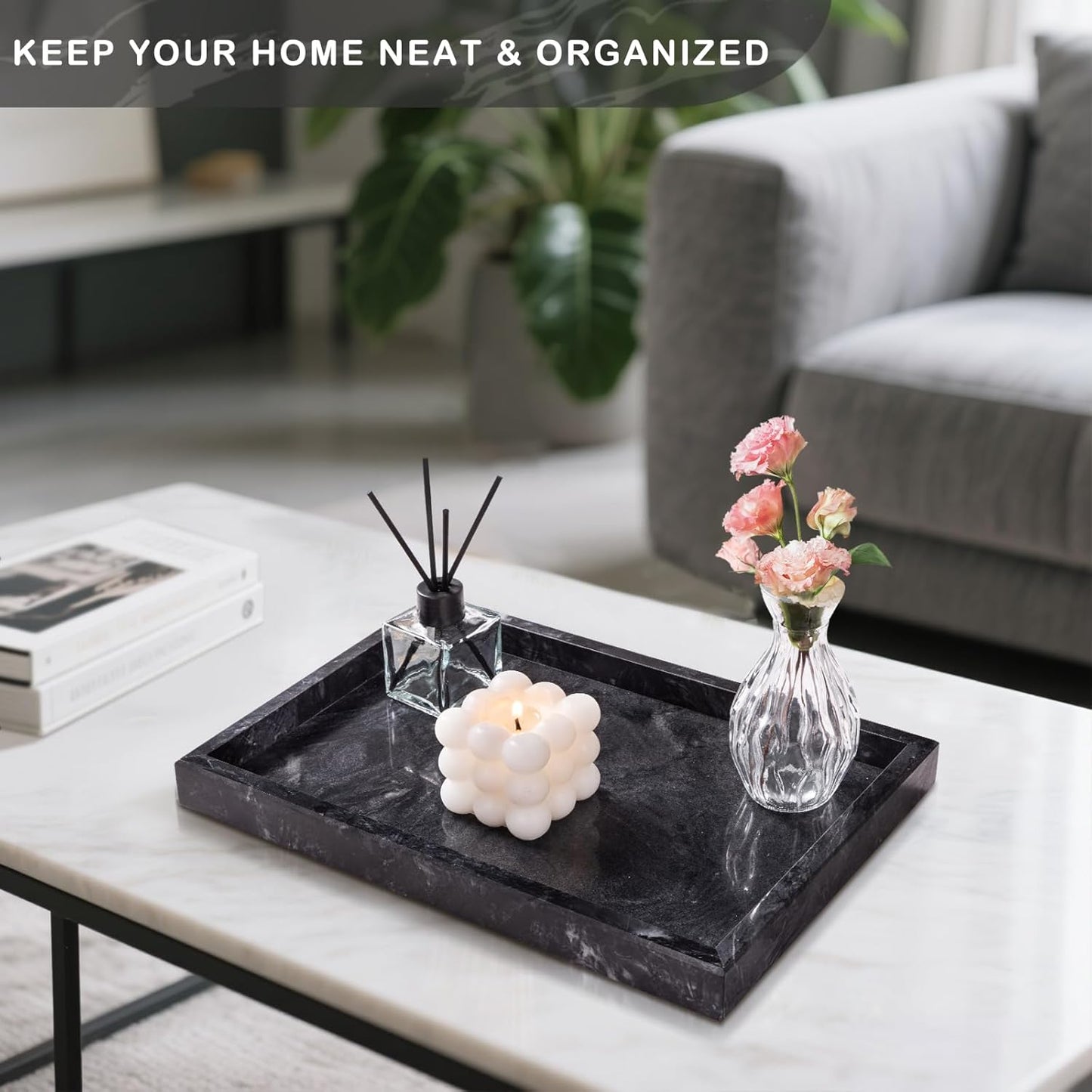 Marble Bathroom Tray for Countertop & Home Decor / Gray Black