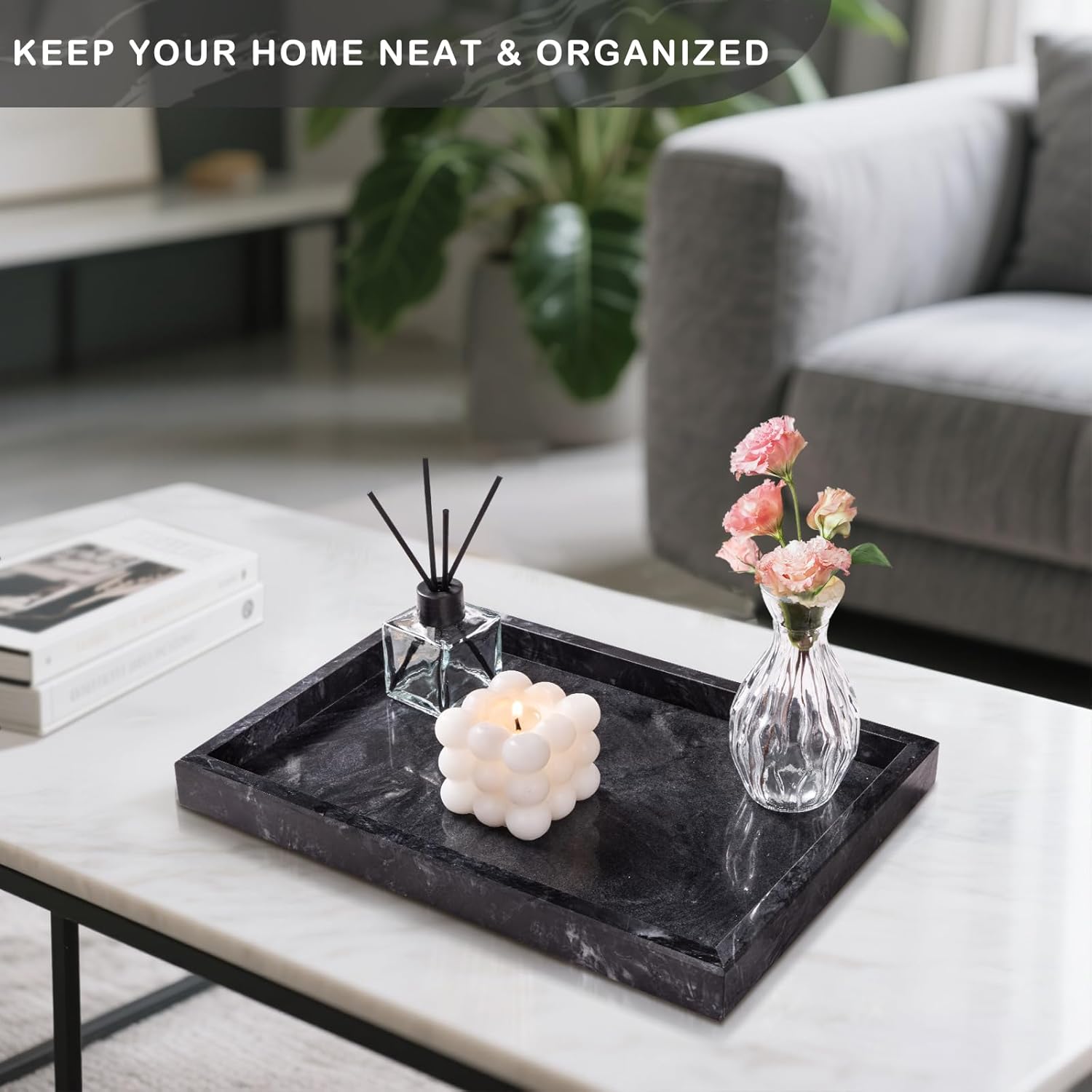 Marble Bathroom Tray for Countertop & Home Decor / Gray Black
