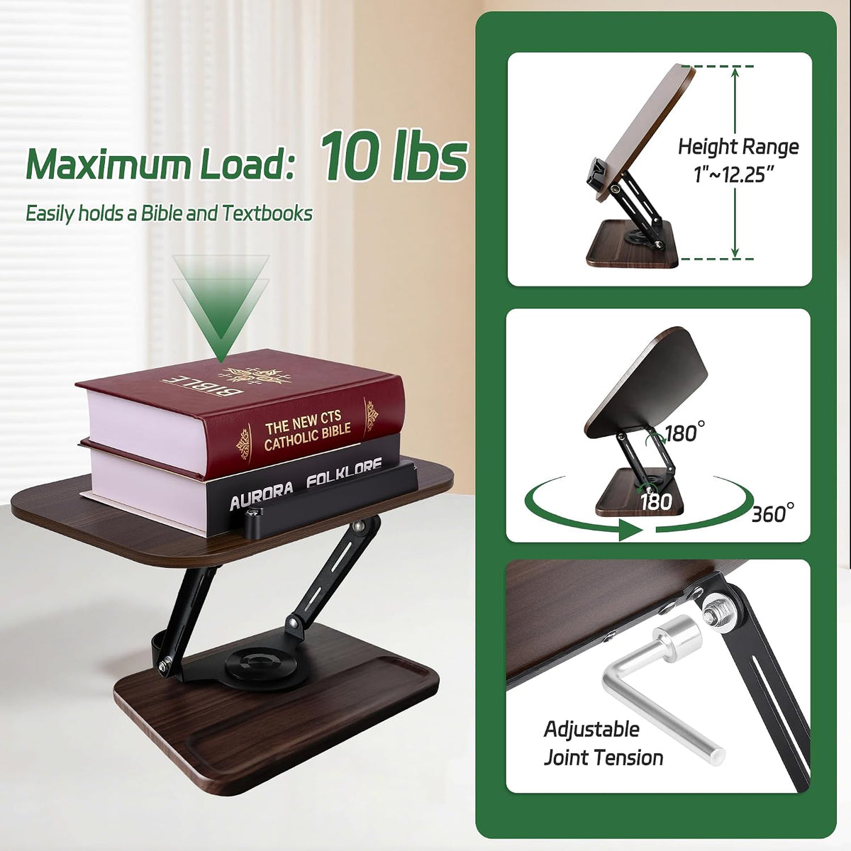 Book Stand for Reading, 360° Rotating Book Holder for Desk, Heavy Duty Bible Stand with Page Clips, Adjustable Height