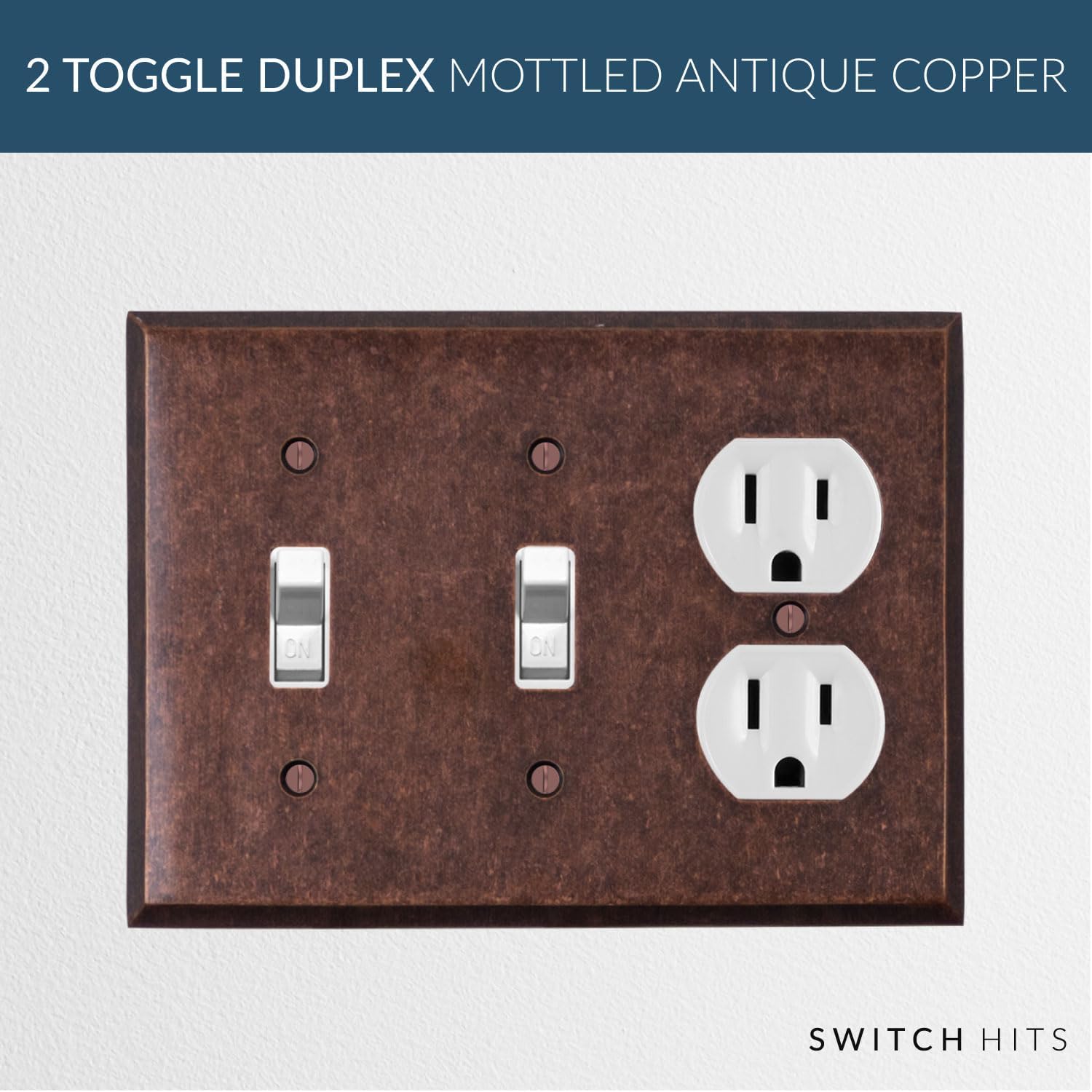 Mottled Antique Copper Outlet Wall Plate | 2 Toggle - 1 Duplex | 6.25" x 4.5" | Hand-Polished Brass Construction