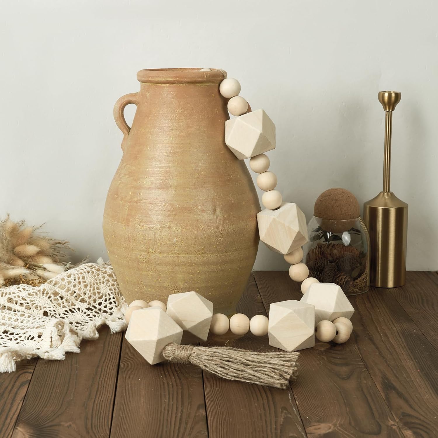 Extra Large Wood Bead Garland / 6 Nature Beige Octagon / 42 Inches