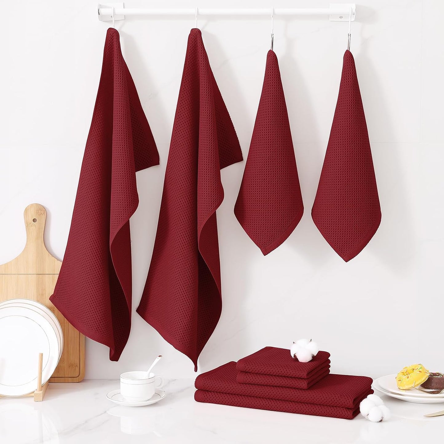 Homaxy 12 Pack 100% Cotton Kitchen Towels and Dishcloths Set, Burgundy | 12 x 12 Inches and 13 x 28 Inches Kitchen