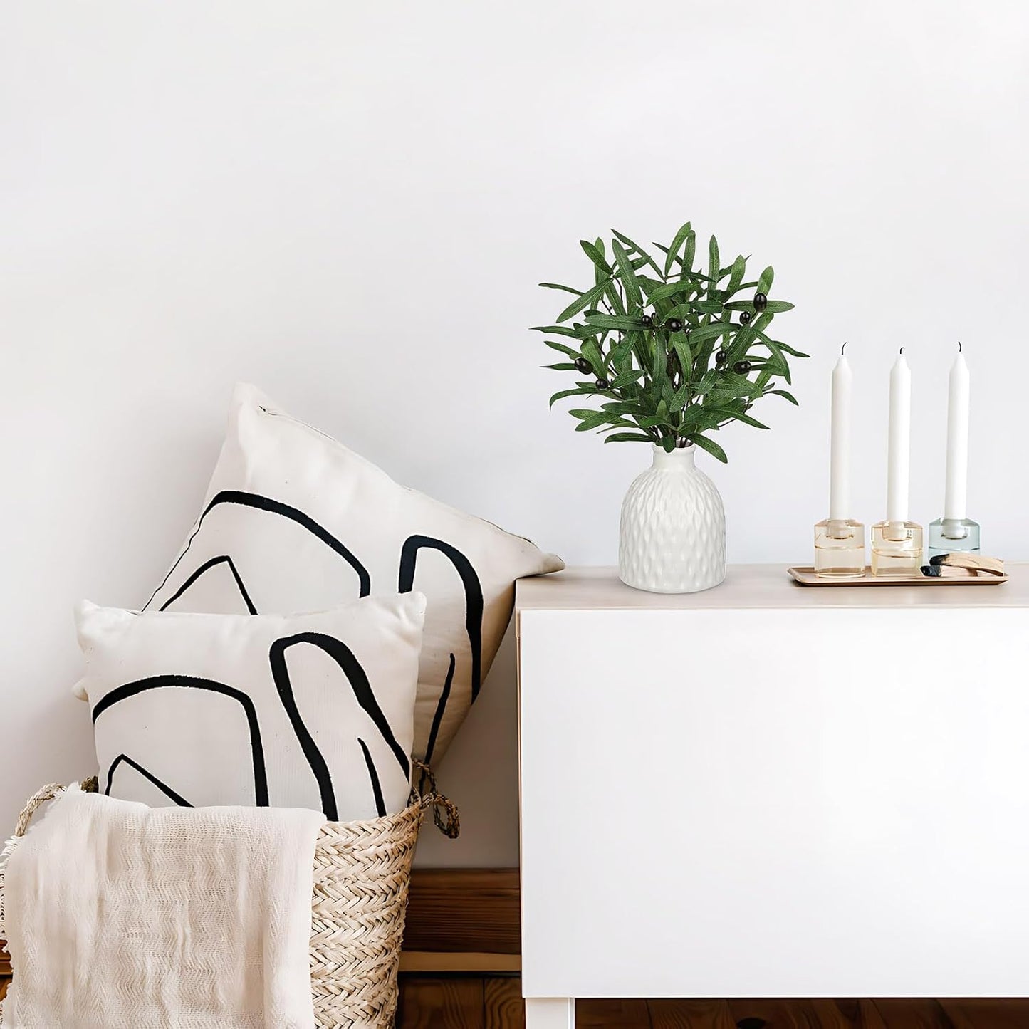 Artificial Olive Branches in Rustic Ceramic Vase 16.9" Faux Olive Greenery Stems Fake Potted / White