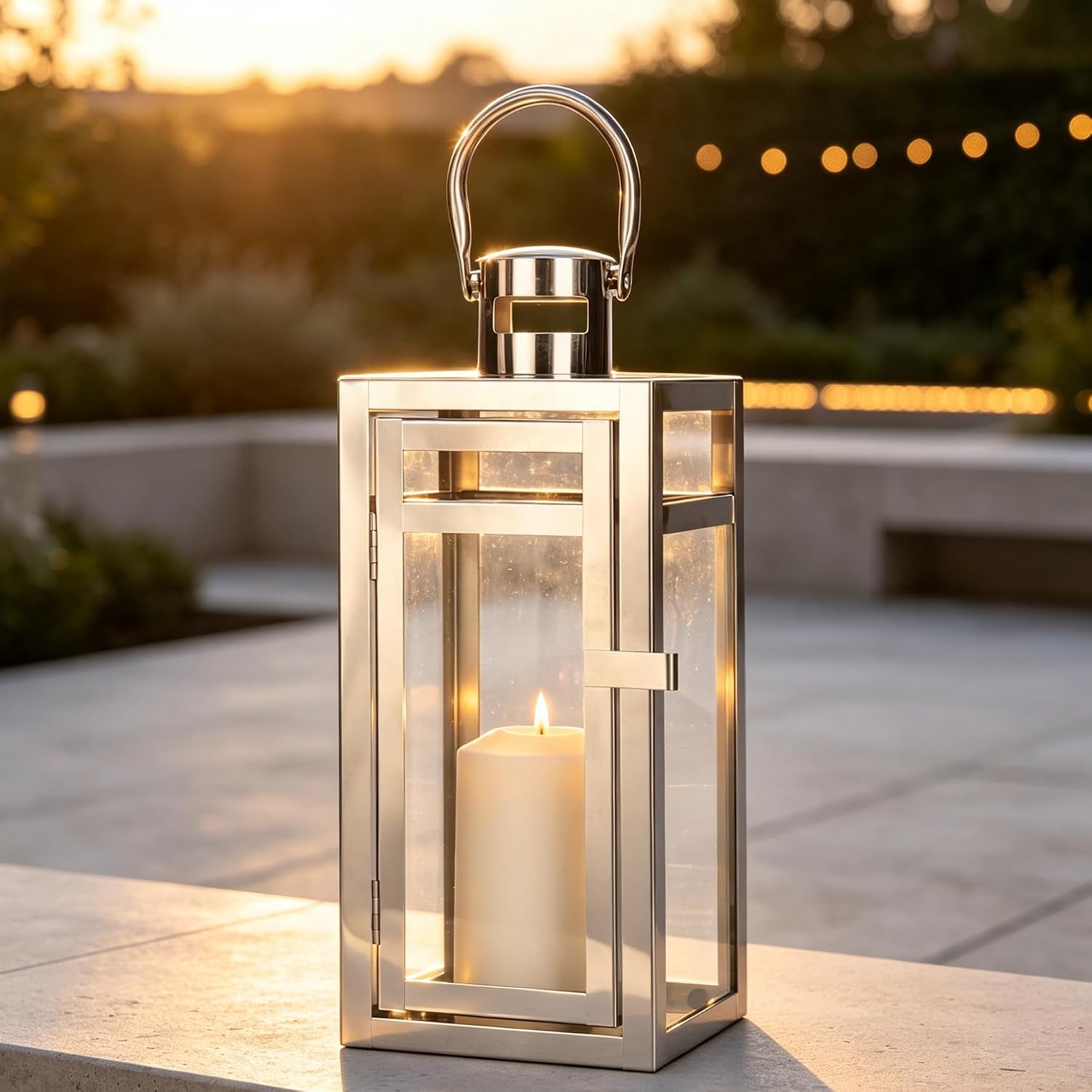 TRIROCKS Stainless Steel Decorative Lantern 12'' High Metal Hanging Lantern with Tempered Glass Perfect for Home Decor