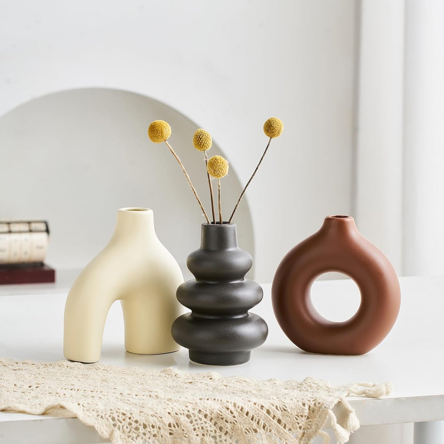 Modern Ceramic Decorative Vase / Cream Matte and Brown / Set of 3