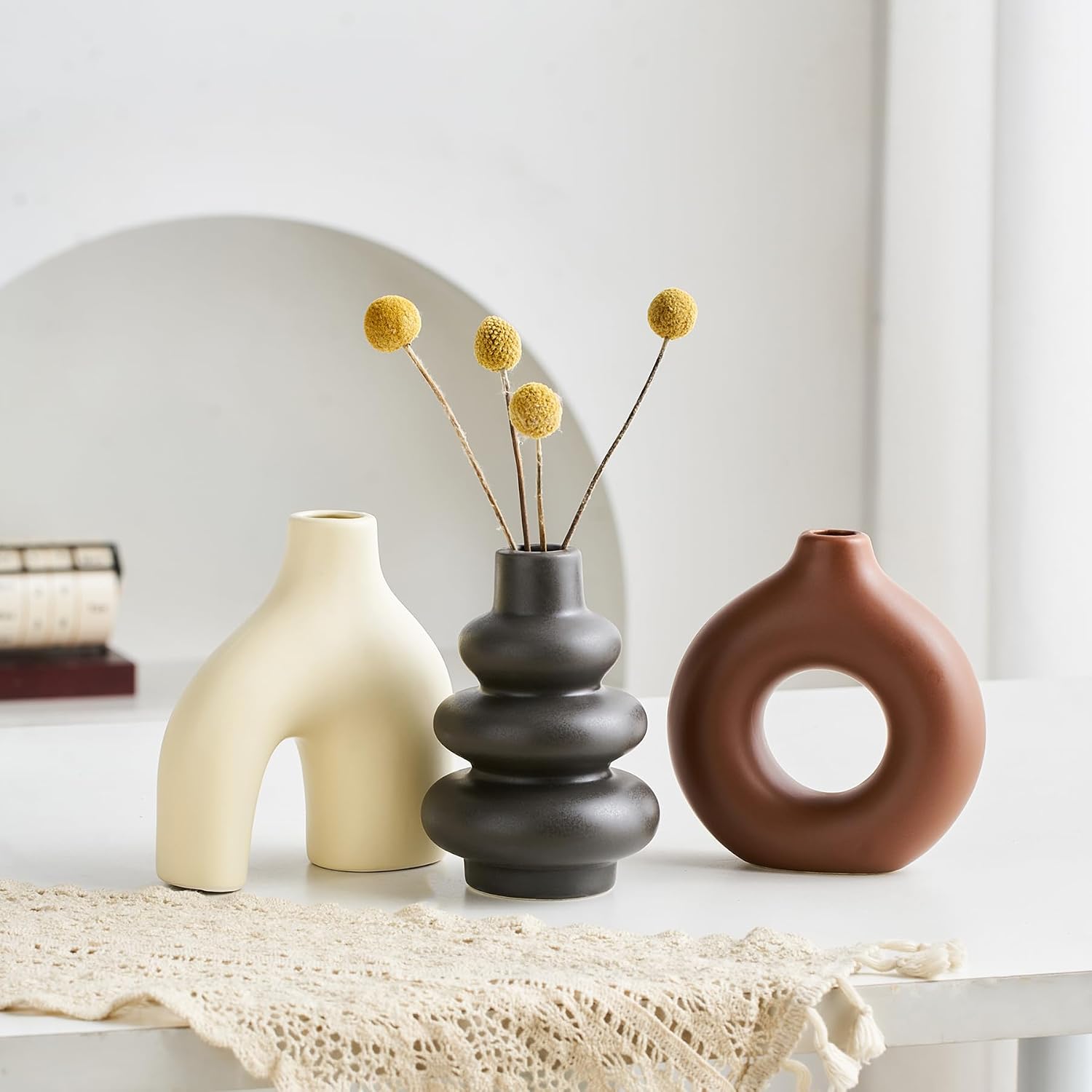 Modern Ceramic Decorative Vase / Cream Matte and Brown / Set of 3