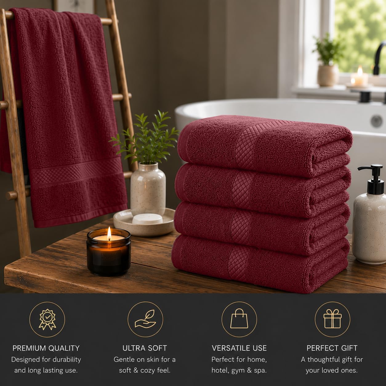 DAN RIVER 600 GSM Cotton Large Bath Towels Set of 4, 27 x 54 Inches | Larger & Lighter Weight Towels for Bathroom