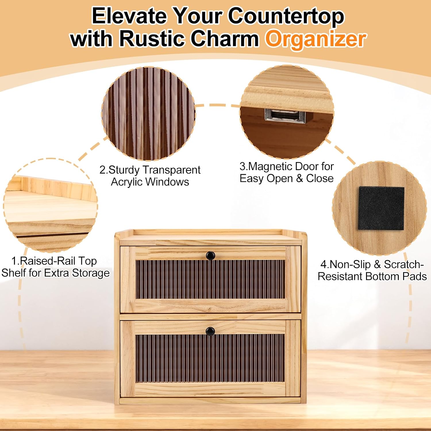 Alpeir Wooden Bread Box for Kitchen Countertop, Large Double Layer, Nature | Food-Safe Pine Wood, Double-Row