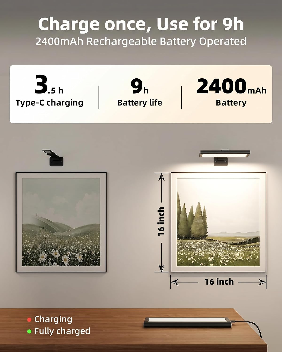 EZVALO Picture Light for Wall, Rechargeable 2400mAh Lights Wireless with IR Remote, 3 Color & Dimmable Magnetic 7.87''