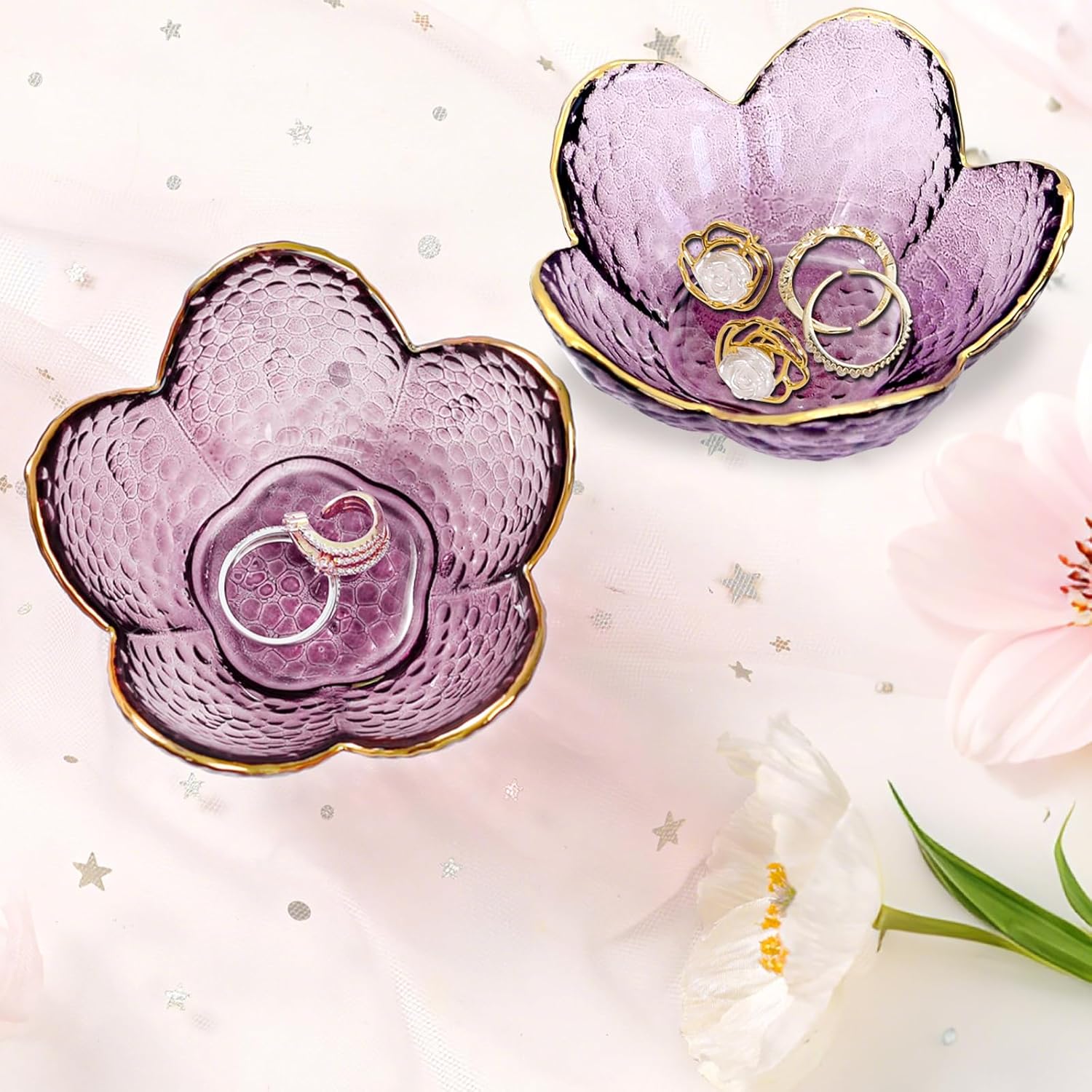 Gifts for Women Purple Flower Jewelry Dish Glass Ring Holder Decorative / Flower Purple / Set of 2
