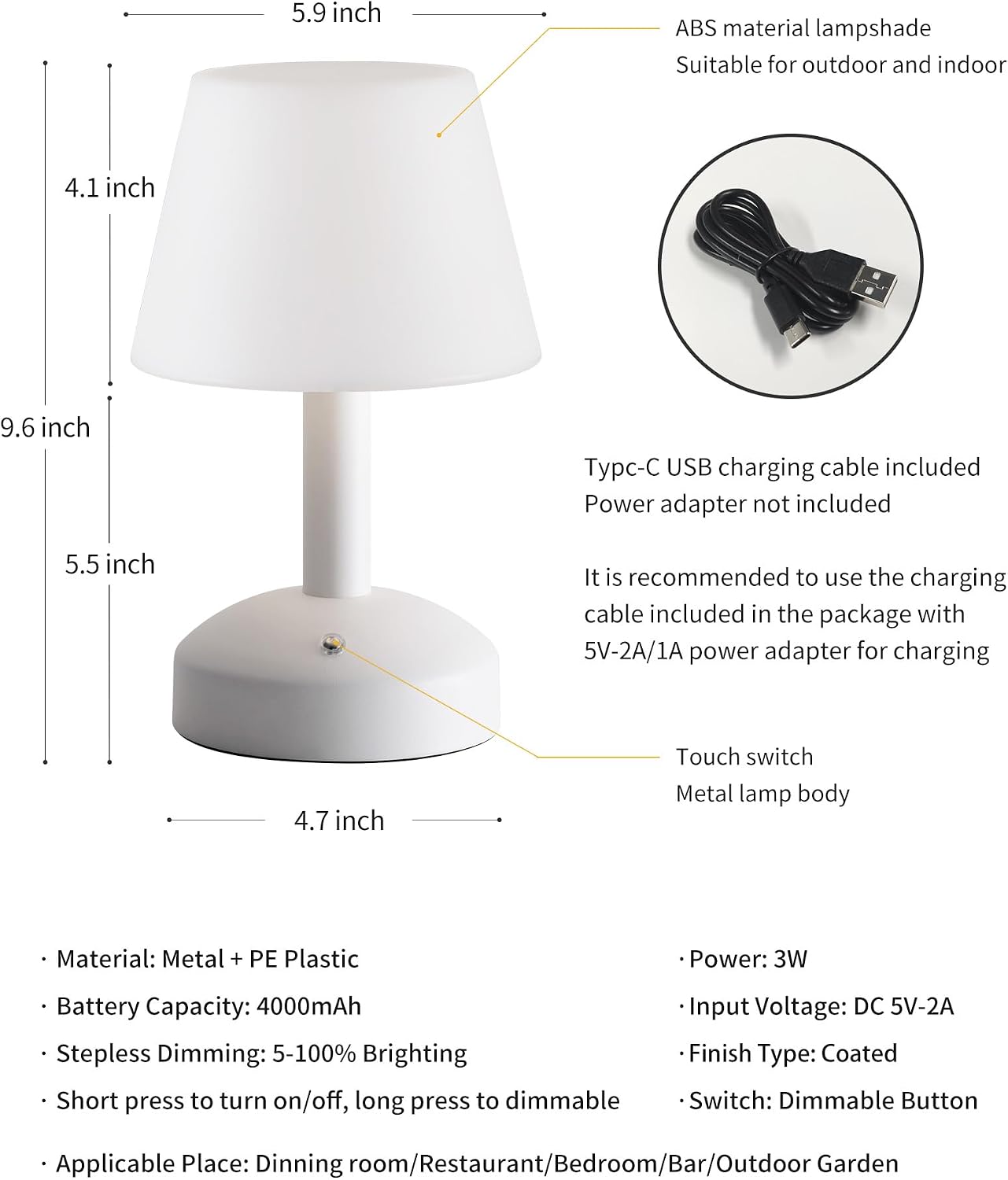 KDG White Cordless Small Table Lamp, Outdoor Shower Waterproof Desk Lamp | Modern Portable LED Dimmable 4000mAh