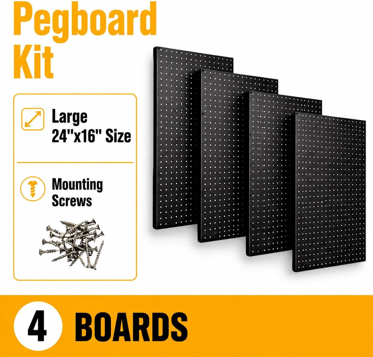 Pegboard Kit - 4 Each 24"x16" Peg Board Panels - Made in USA - Mounted Size is 64" x 24" Pegboards Wall Organizer for