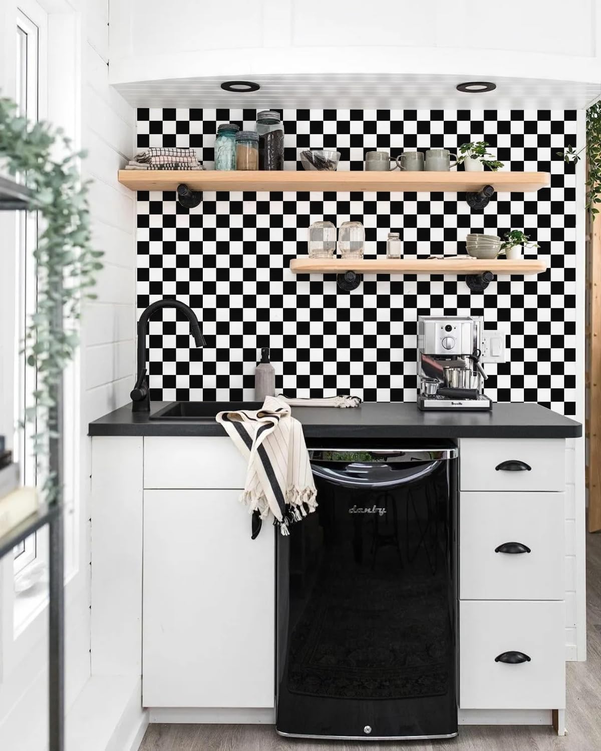 White Wallpaper Peel and Stick Checkered Contact Paper " Mosaic Checkered / 17.7 x 393.7 / Black