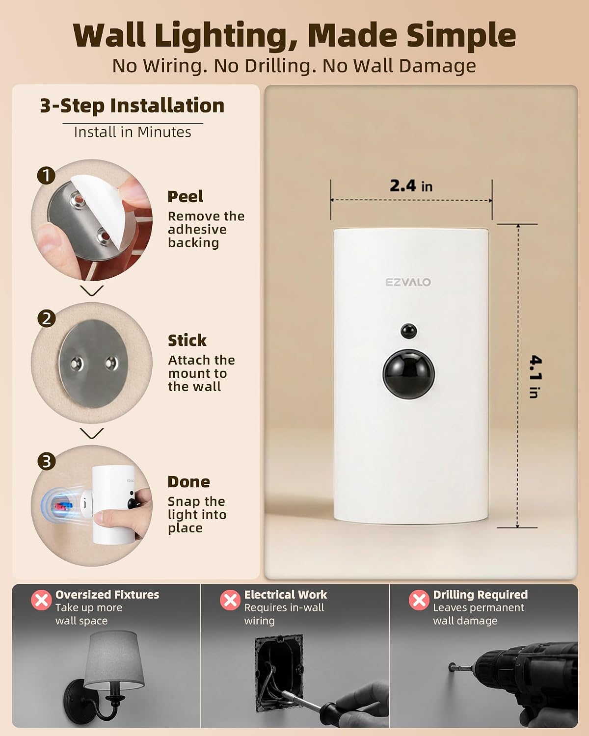 EZVALO Motion Sensor Wall Sconces, Battery Operated Wall Lights with 4000mAh Rechargeable Battery, 3 CCT & 12 RGB
