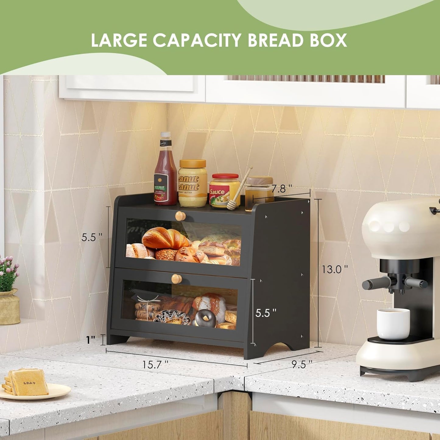Double Layer Bread Box Container for Kitchen Countertop Homemade Bread | Large Breadbox Storage Wooden Farmhouse Bread