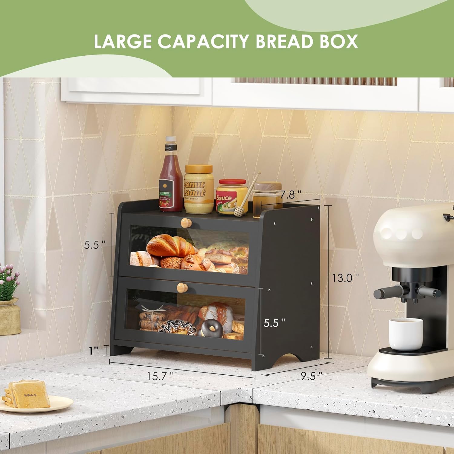 Double Layer Bread Box Container for Kitchen Countertop Homemade Bread | Large Breadbox Storage Wooden Farmhouse Bread