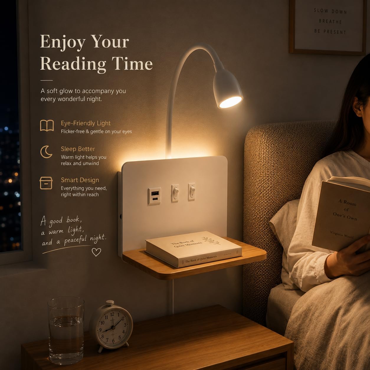 White Bedside Wall Sconce with Wireless Charging Station, USB-C & USB-A Ports, Plug in Wall Light with Shelf, Gooseneck
