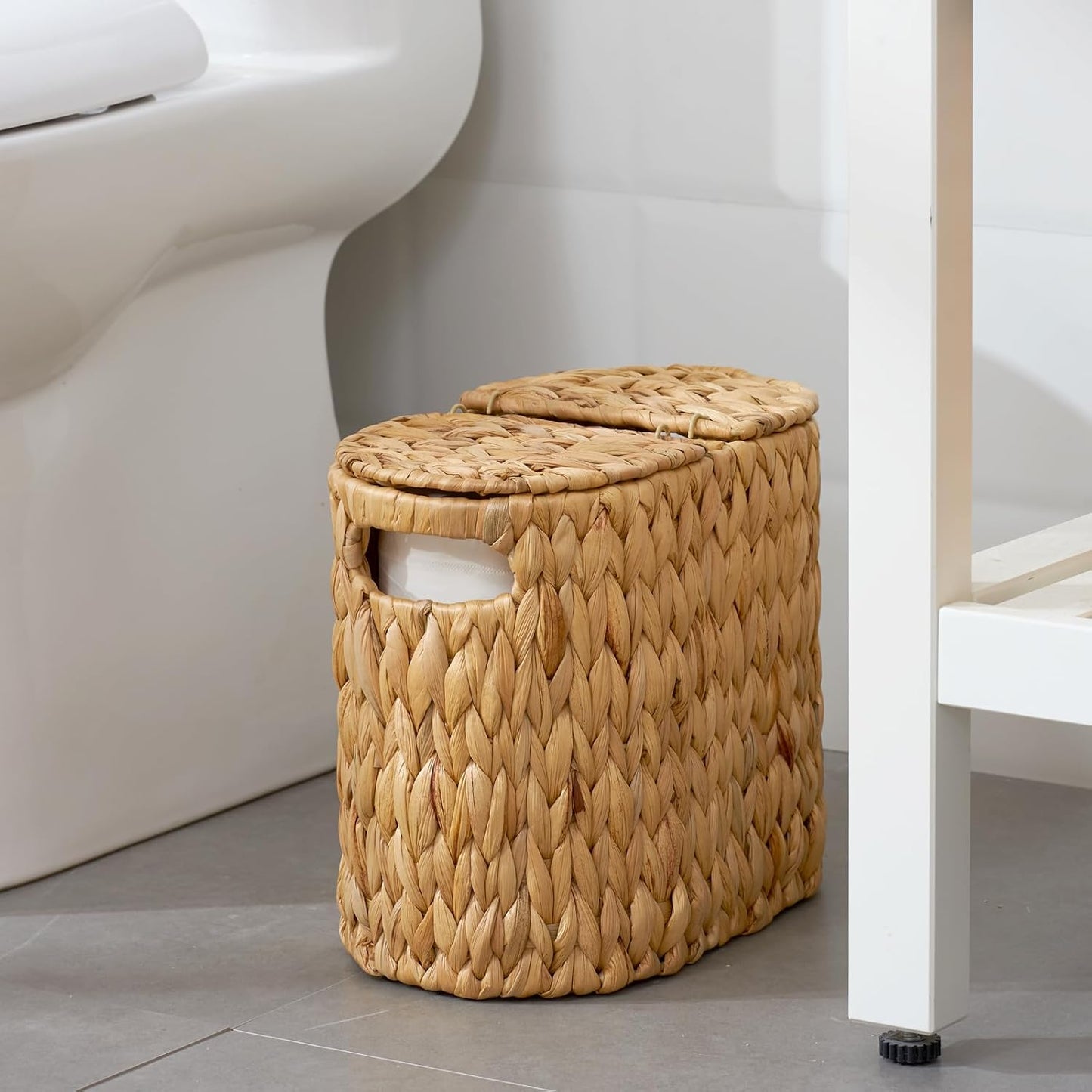 Toilet Paper Basket with Lid, Water Hyacinth Wicker Toilet Paper Storage Holder for 4 Rolls, Toilet Paper Storage for