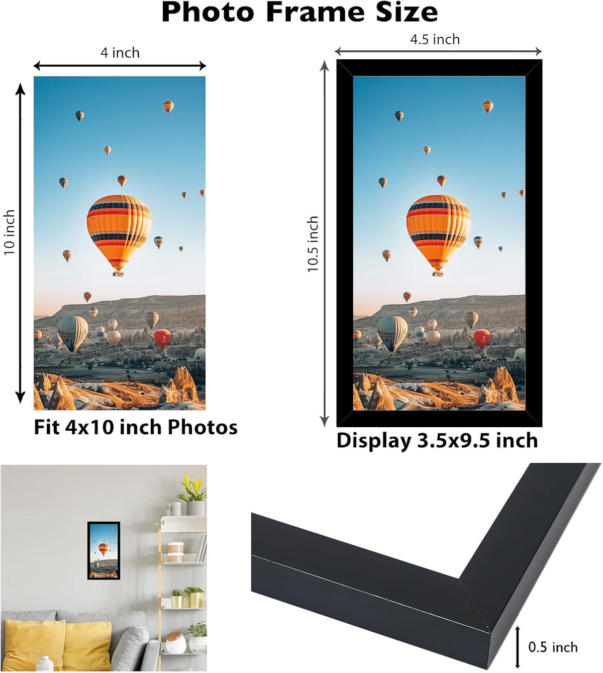 JCJMY 4x10 Picture Frame Set of 6 Black for Wall Hanging or Tabletop, Wall Mounting Horizontally or Vertically, 4 x 10