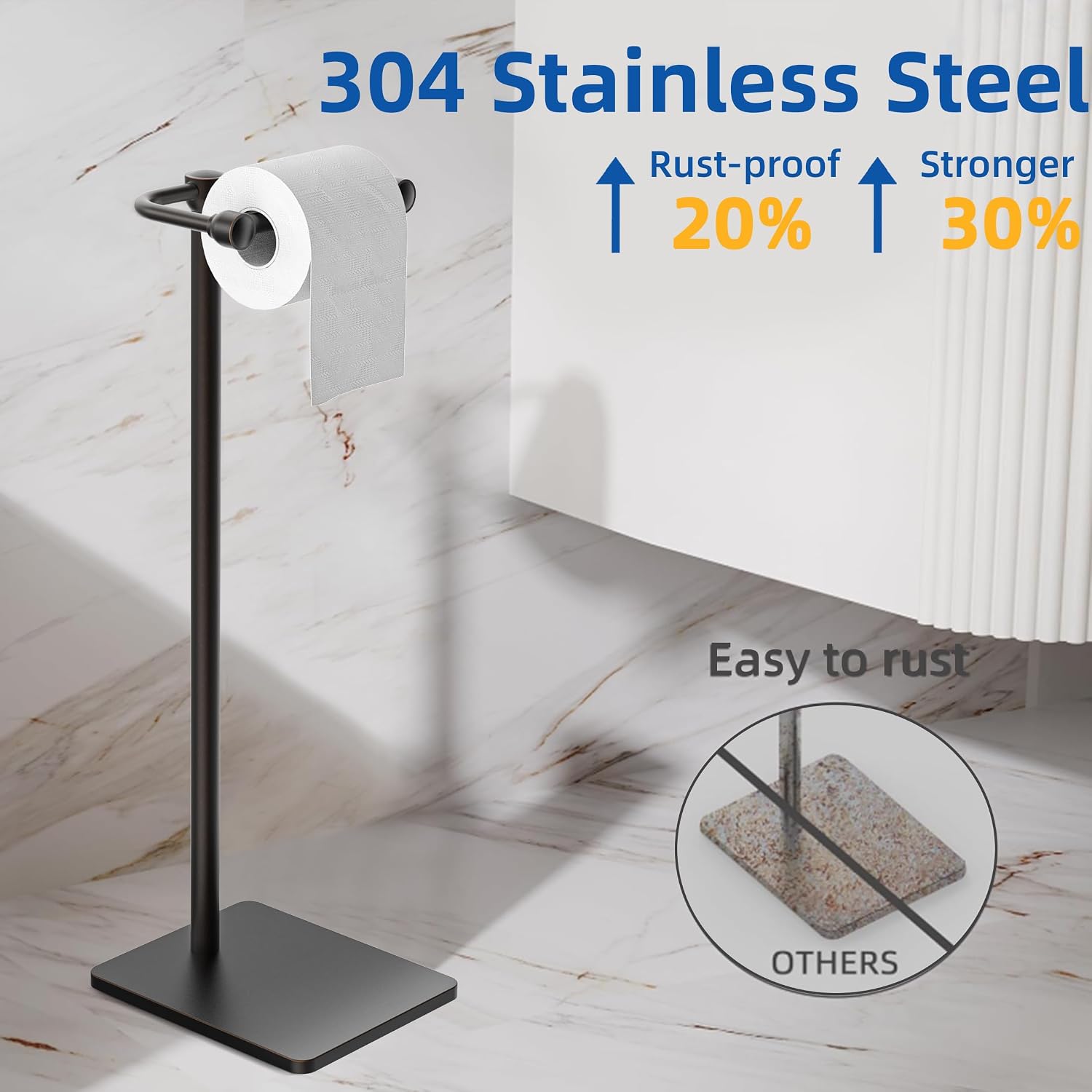 RUACQ Bathroom Toilet Paper Holder Stand, Oil Rubbed Bronze | Dual-Post Pivoting Free Standing Toilet Roll Holder with