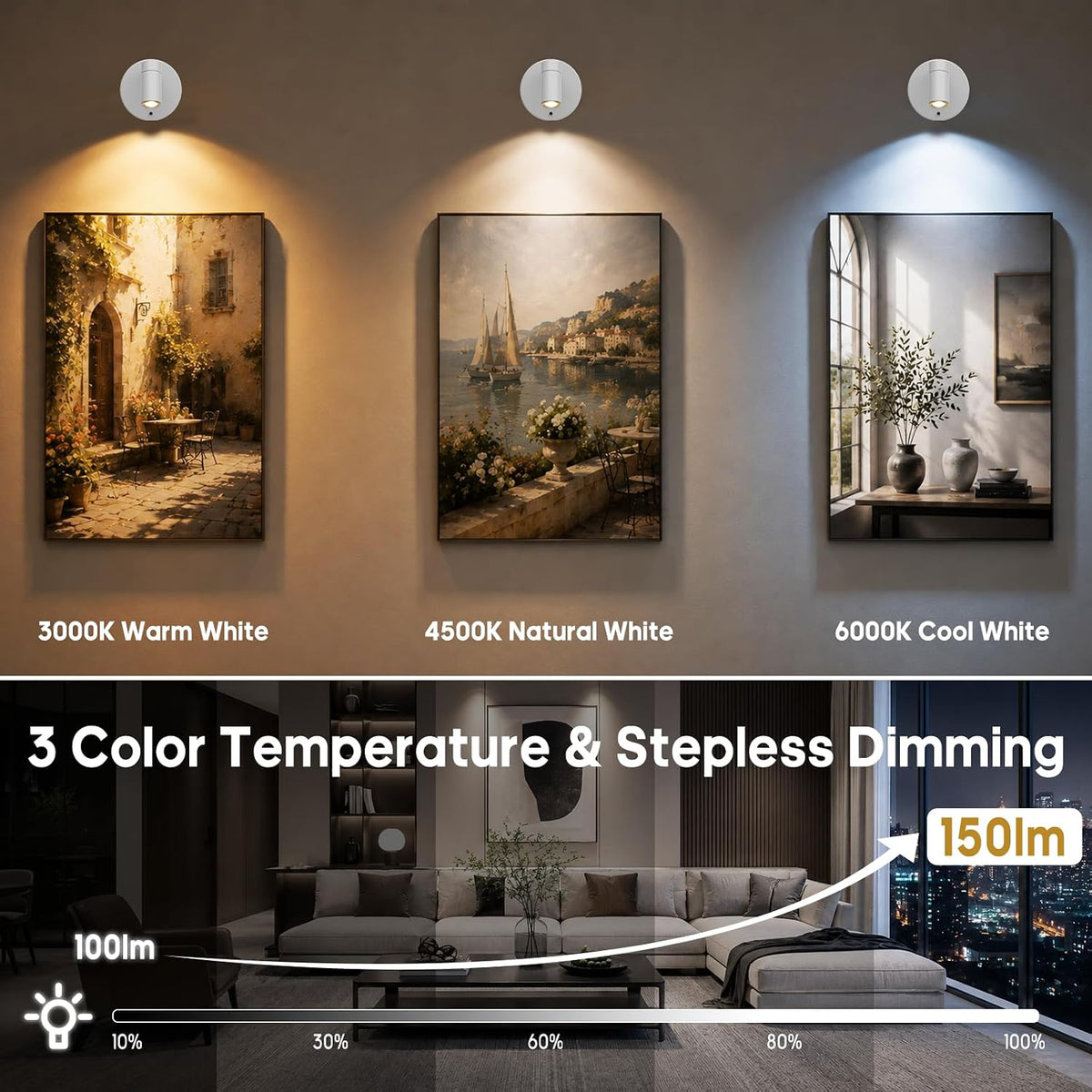 Spotlights Indoor with Remote, 5500Mah Rechargeable Picture Lights on Wall | Wireless Up Lights Indoor with 3 Colors &