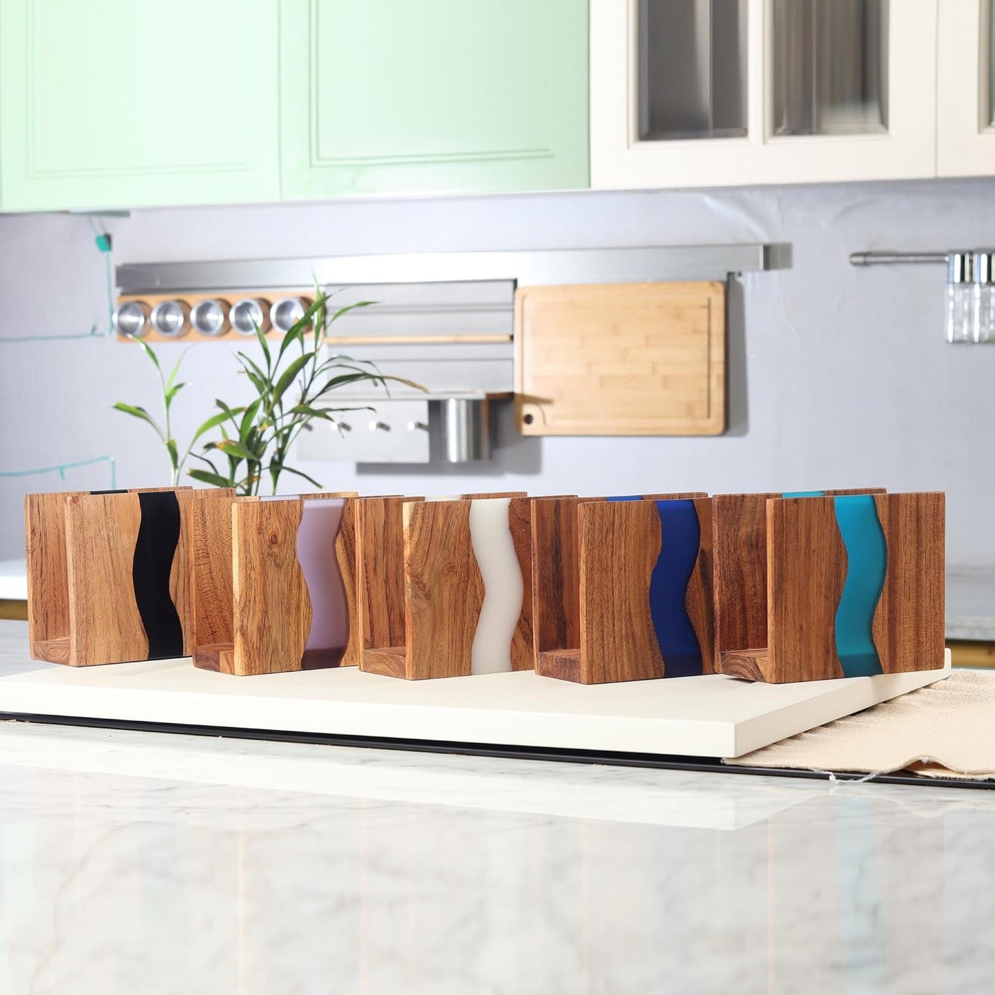 Acacia wood & Transparent Epoxy resin Napkin holder / Cloudy White