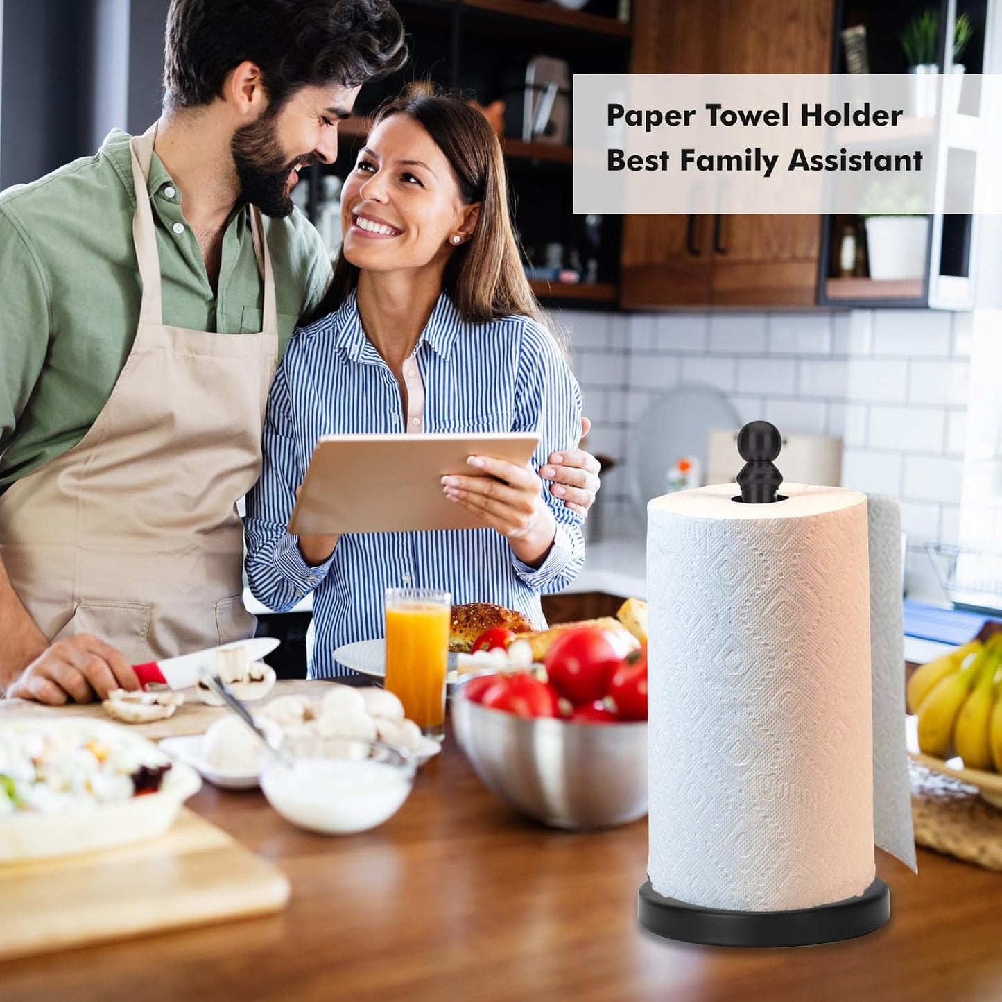 Black Paper Towel Holder Countertop, Standing Paper Towel Roll Holder for Kitchen Bathroom, with Weighted Base for