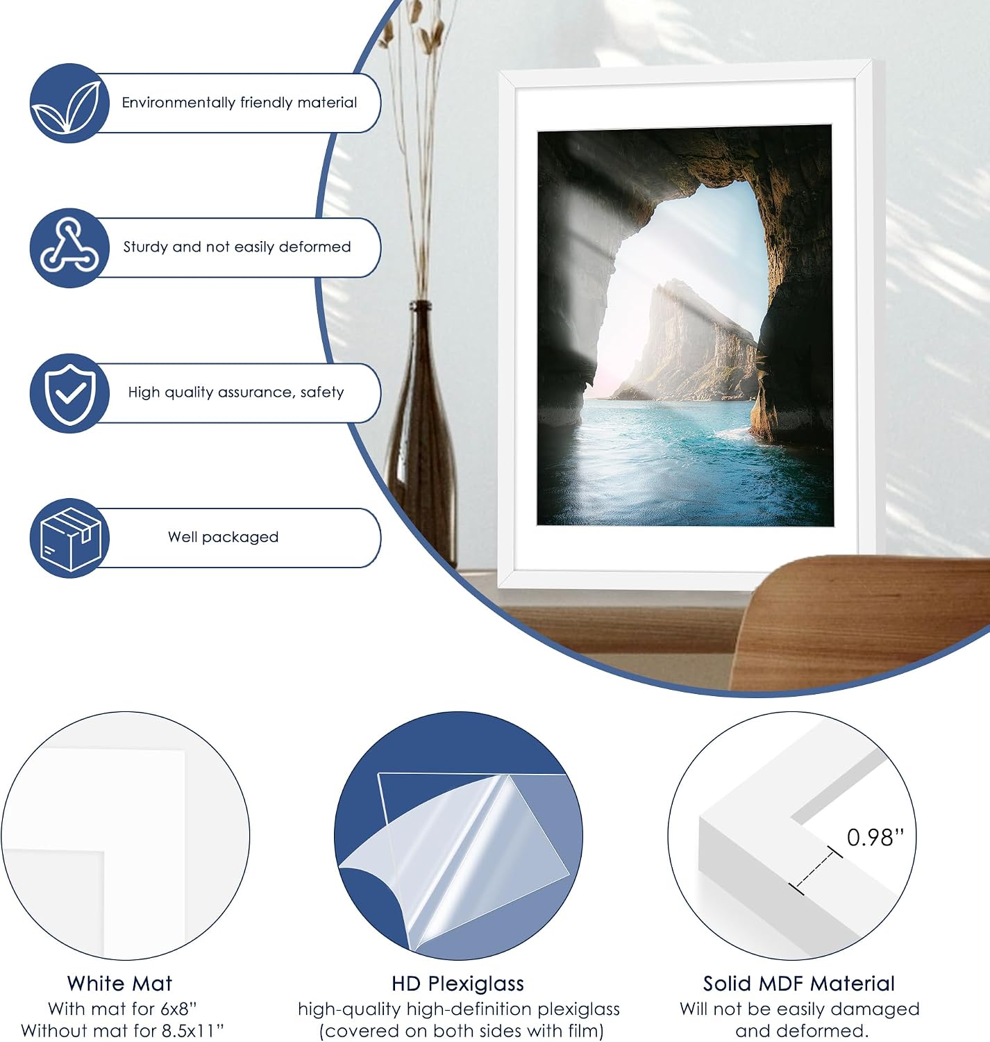 18x24 Poster Frame Set of 6, Wall Mount Display, White | Display Pictures 16x20 with Mat or 18x24 Without Mat