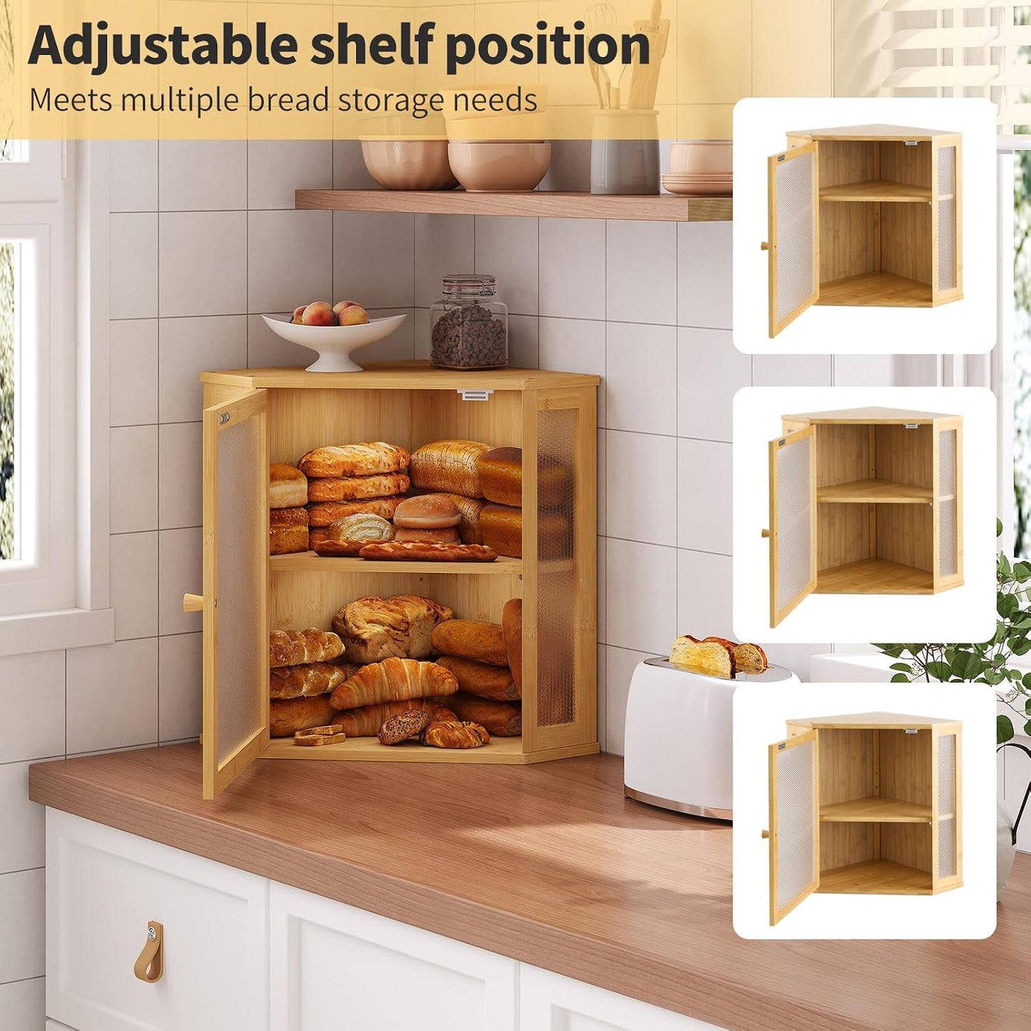 Corner Bread Box for Kitchen Countertop,Bread Storage for Homemade Bread, Double Layer Large Bamboo Kitchen Storage Bin