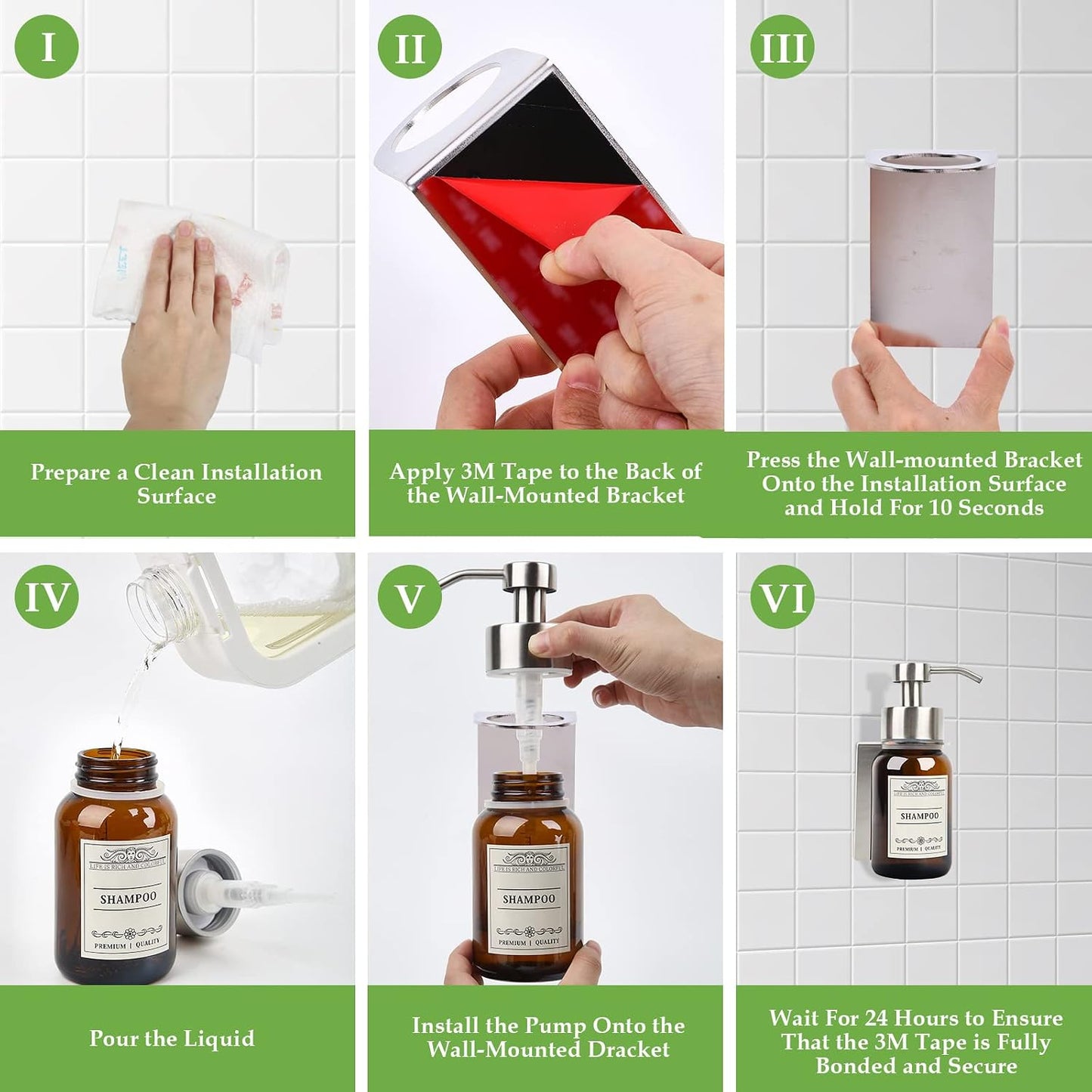 2Pack 8.5oz Brown Glass Bathroom Shampoo Dispenser, Silver Mount | Drill or no-drill setup with screws & adhesive
