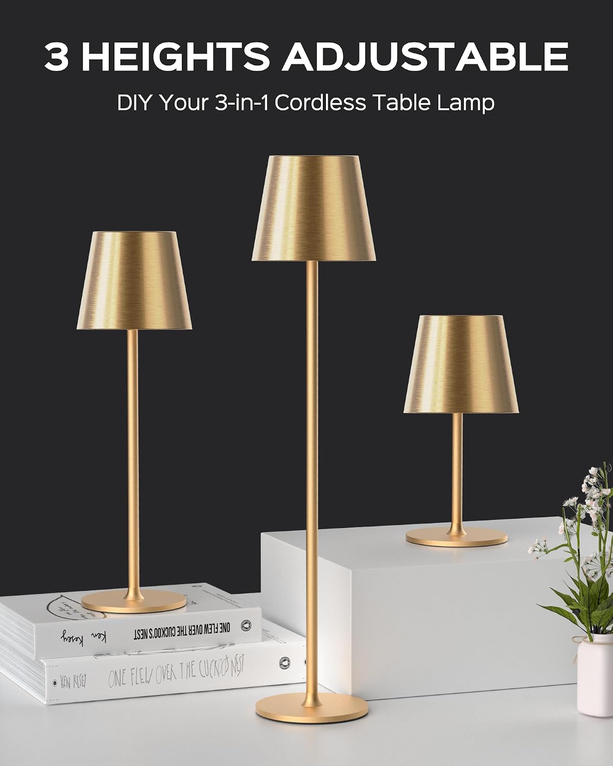 JACKYLED Cordless Table Lamps Rechargeable, 3 Adjustable Height, 5000 Capactiy Operated, 3 Colors Smooth Dimming