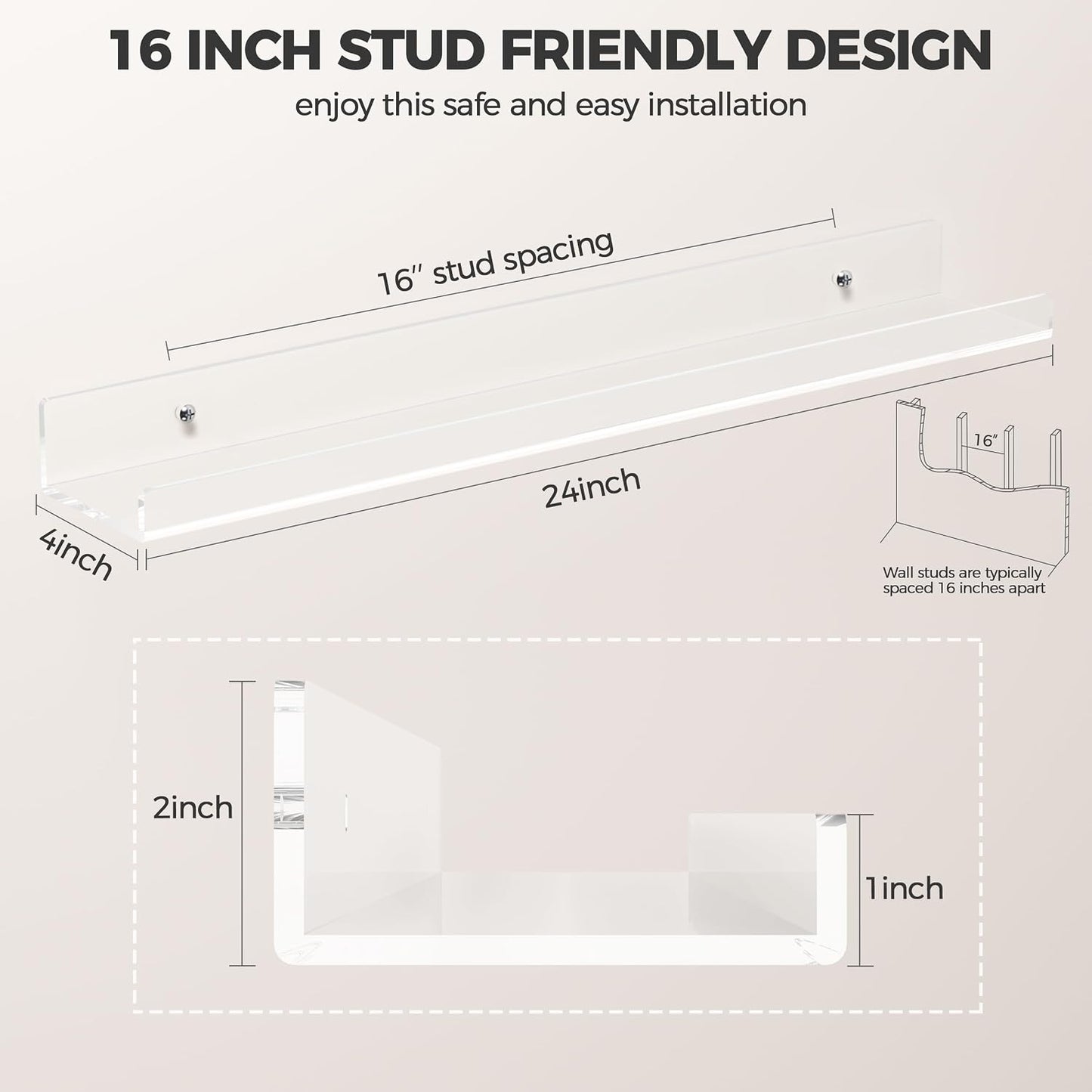 HBlife 24 Inches Floating Shelves Wall Mounted Clear Acrylic Shelves for Figures, 16 Inch Stud Spacing Invisible