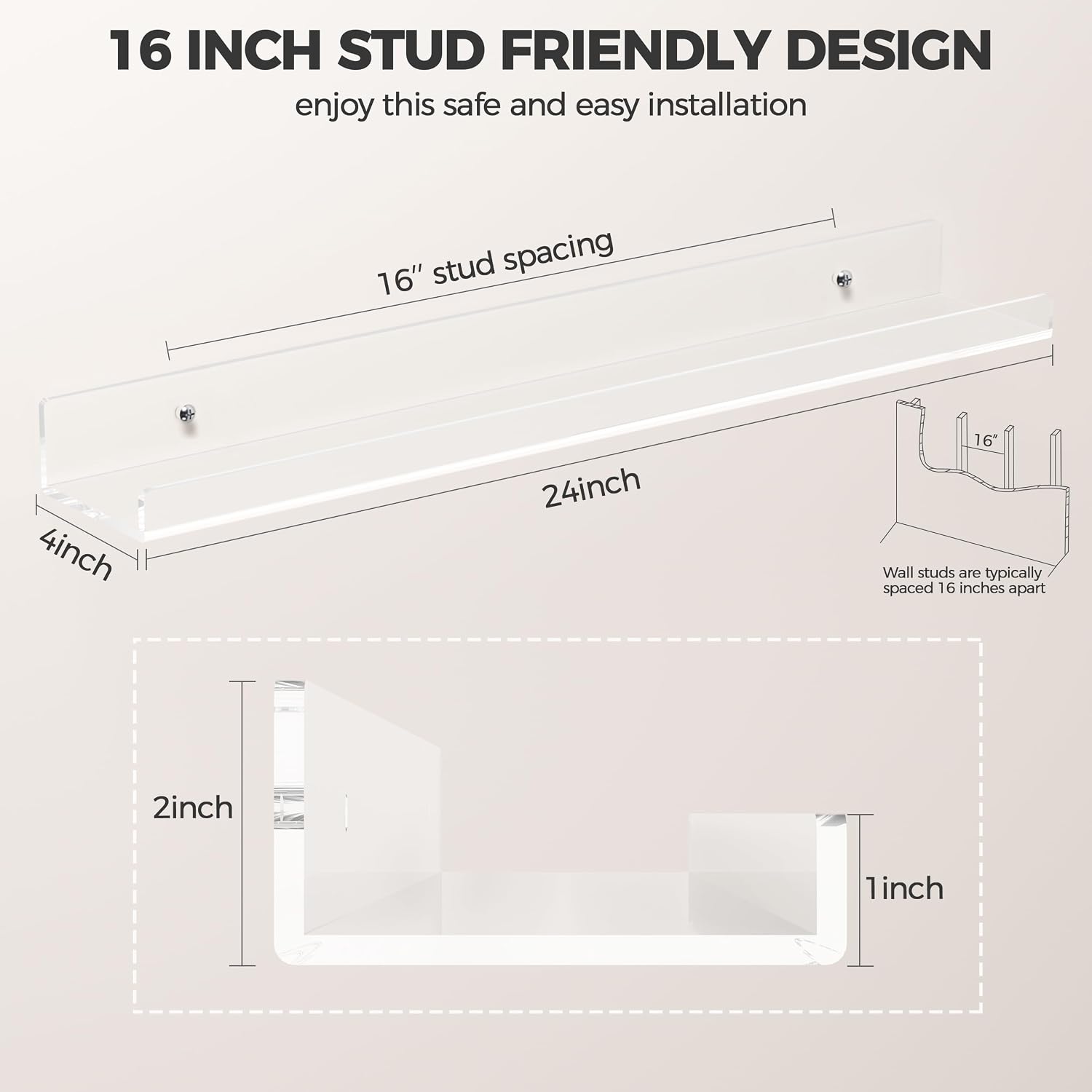 HBlife 24 Inches Floating Shelves Wall Mounted Clear Acrylic Shelves for Figures, 16 Inch Stud Spacing Invisible