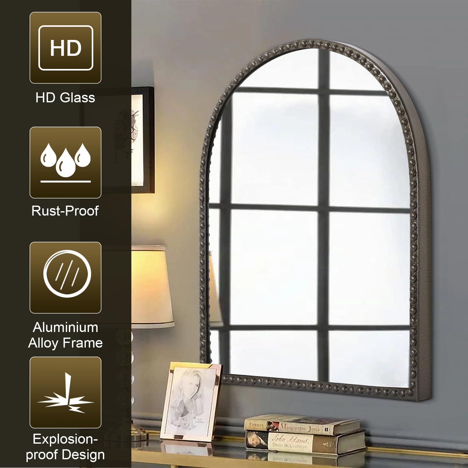 Metal Beaded Frame Decor Mirror for Vanity Accent / 30"L x 20"W / Brass / 30 x 20