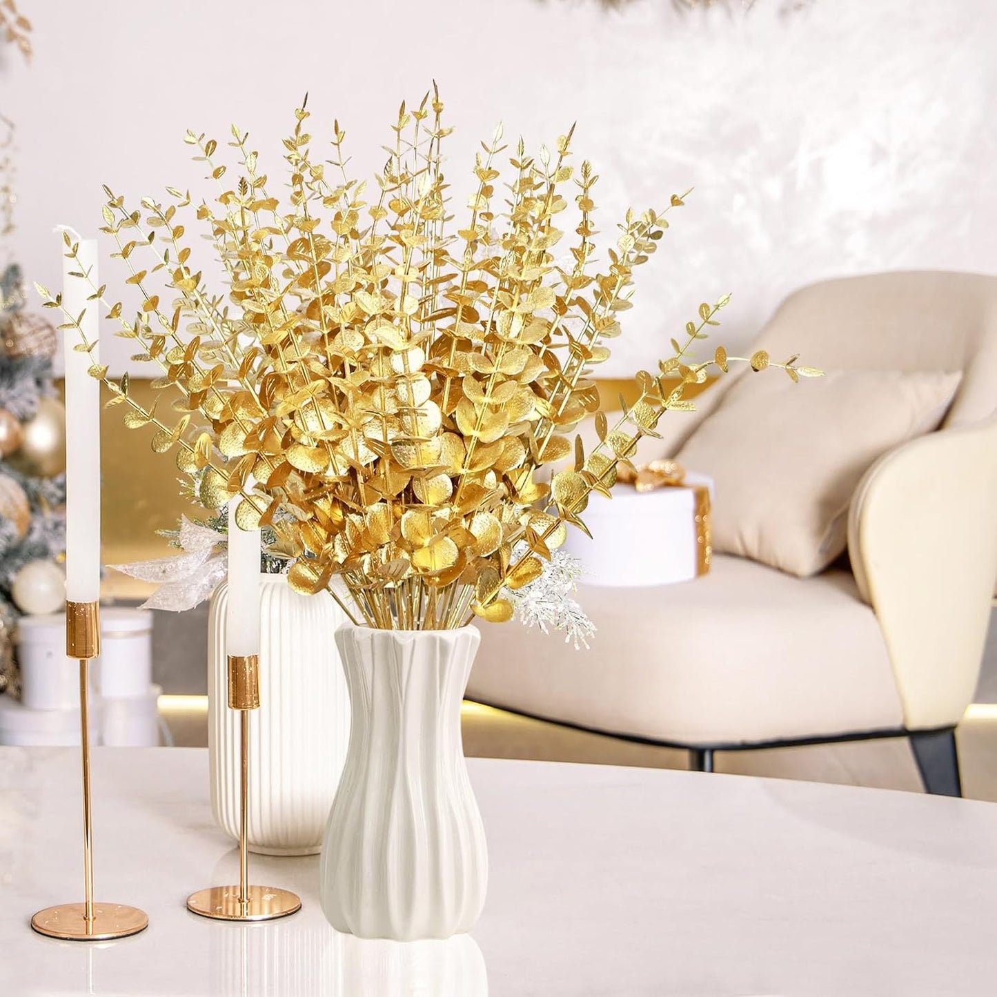 Flowers Eucalyptus Leaves Stems 15'' Faux Eucalyptus Leaves Decor Fake / Gold / Set of 50