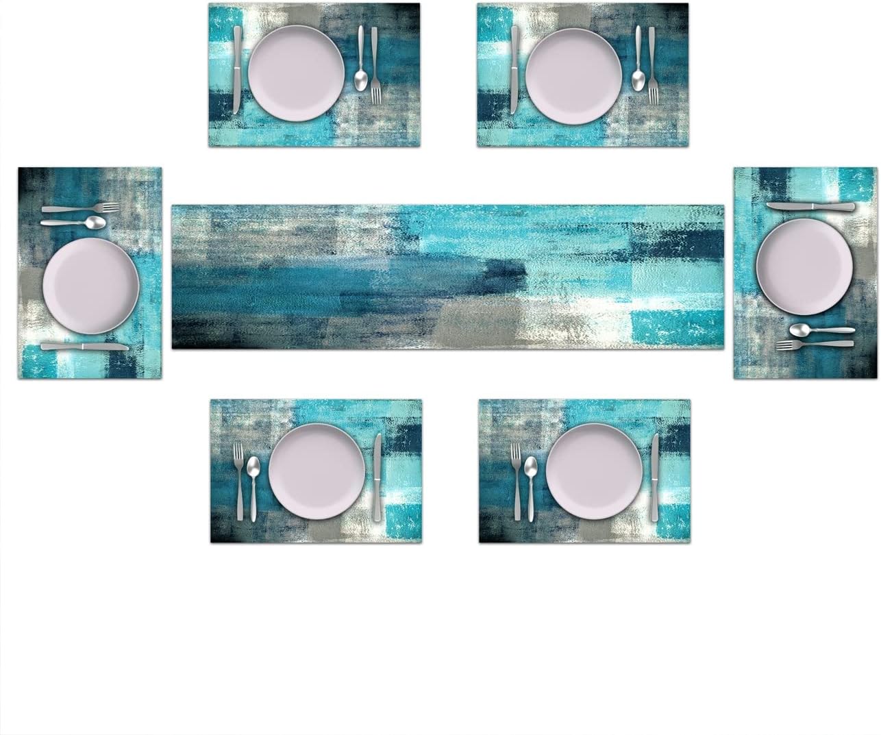 Turquoise Abstract Modern Table Runner and Placemats Set of 6 | Long Teal Blue Retro Graffiti Art Painting Linen Dining