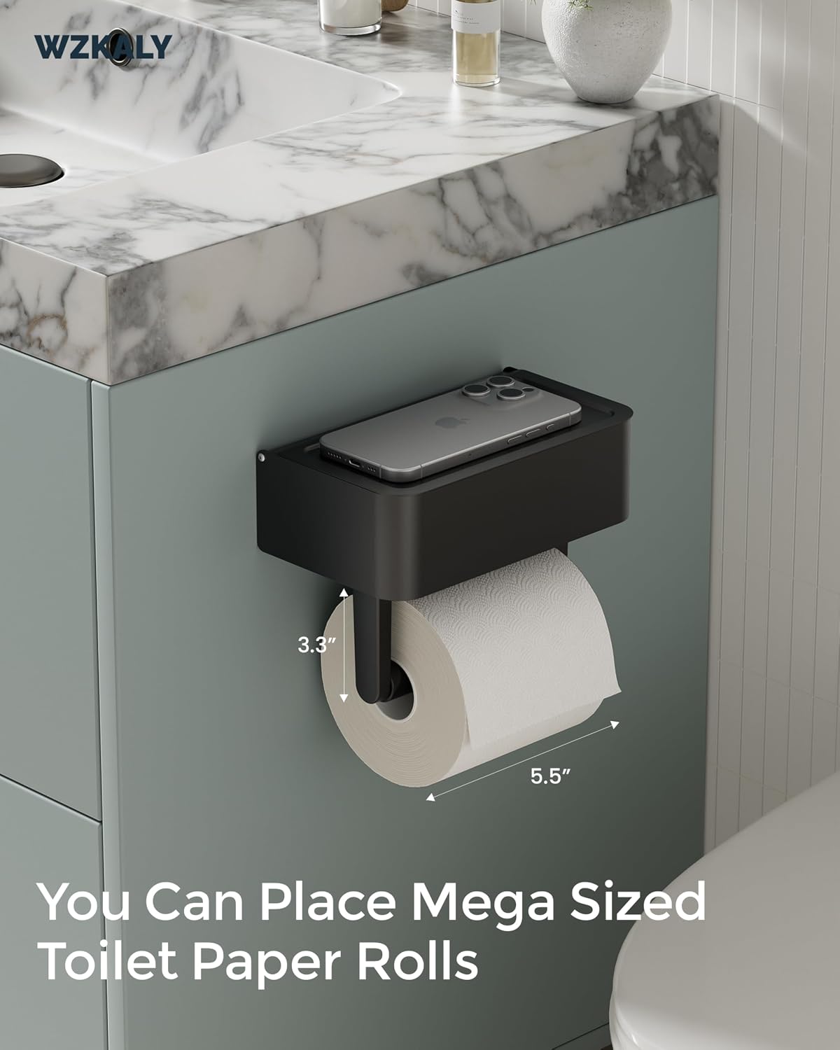 Black Toilet Paper Holder with Wipes Dispenser Self Adhesive | 304 Stainless Steel Toilet Paper Holder with Shelf &